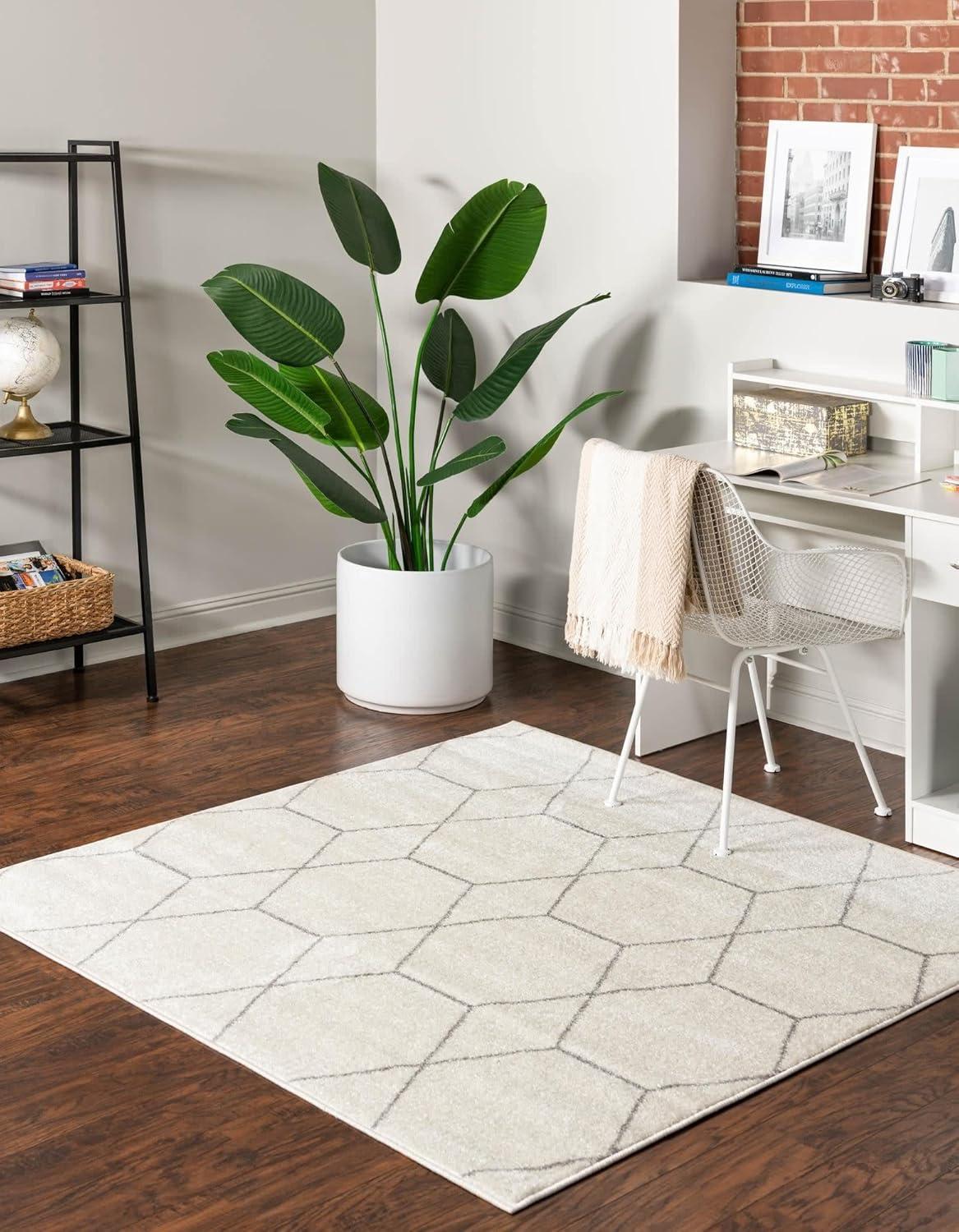 Ivory and Gray Trellis Square Synthetic Area Rug