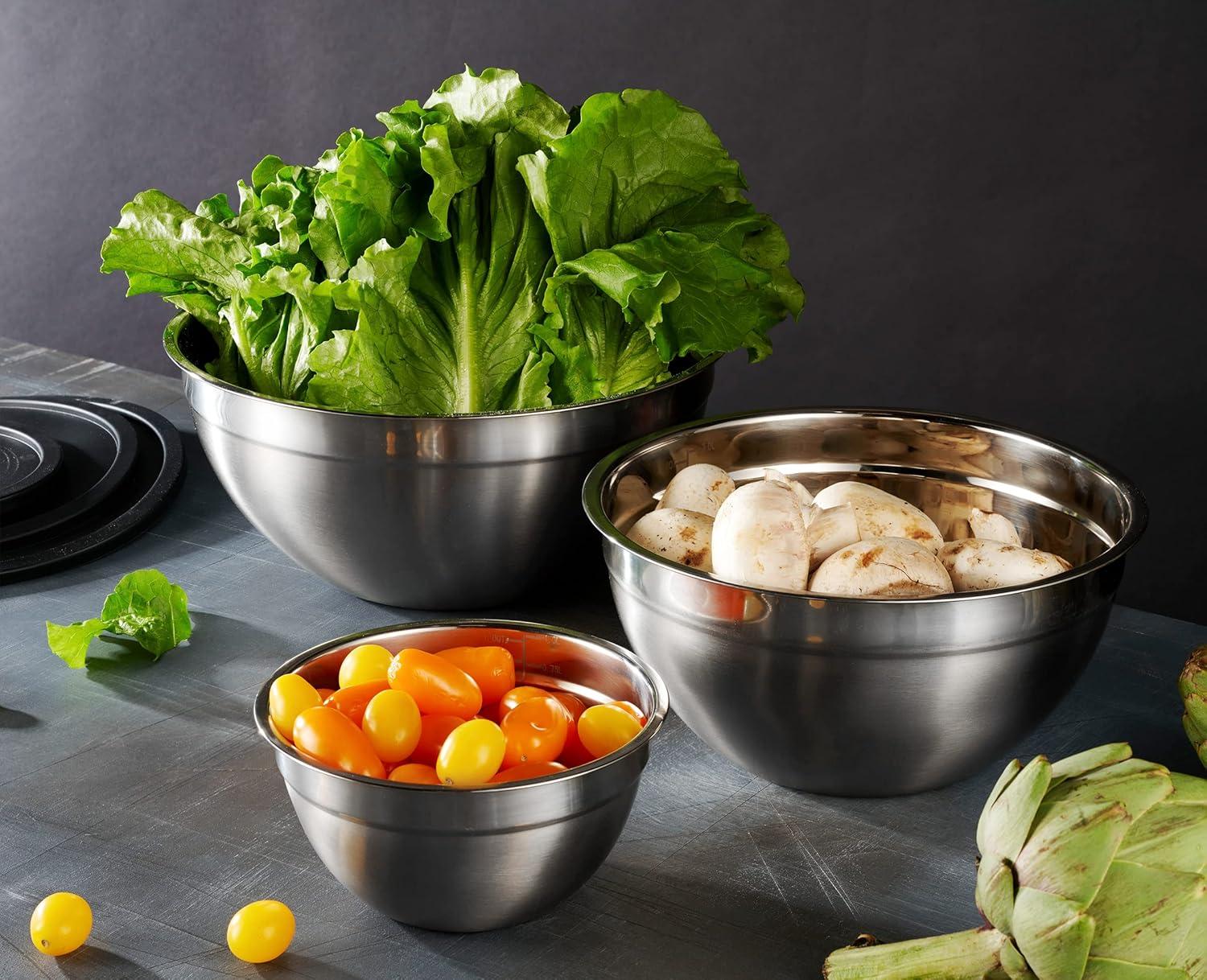 Riqueza Mixing Bowl Set, 3-Piece, Stainless Steel, Sealed Lids, Non-Slip, Dishwasher Safe, 2.6/2.3/1.3L Capacity