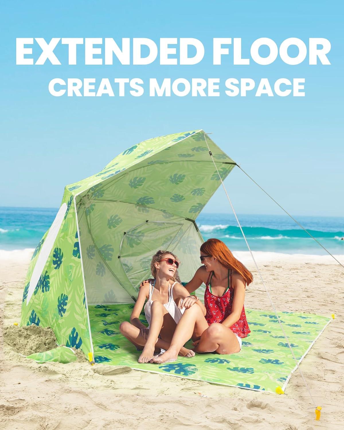 OutdoorMaster Pop Up Beach Umbrella, Portable Umbrella Shelter, Beach Shade Sun Canopy with UPF 50+ UV Protection, Extendable Floor with Carrying Bag