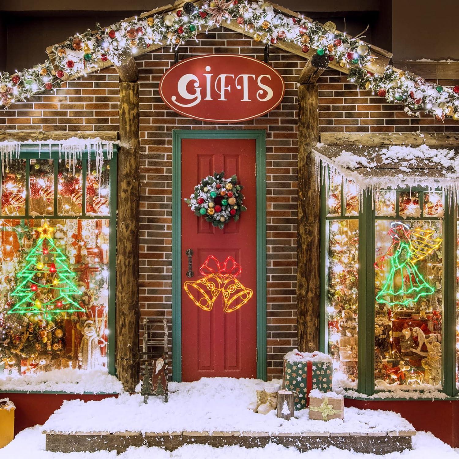 16 Inch Christmas Window Silhouette Lights Decorations, 4 Pack Waterproof Window Hanging Lights Elk, Christmas Tree, Santa Claus, Wreaths for Party, Home Indoor Outdoor Wall - 200 Mini Bulbs