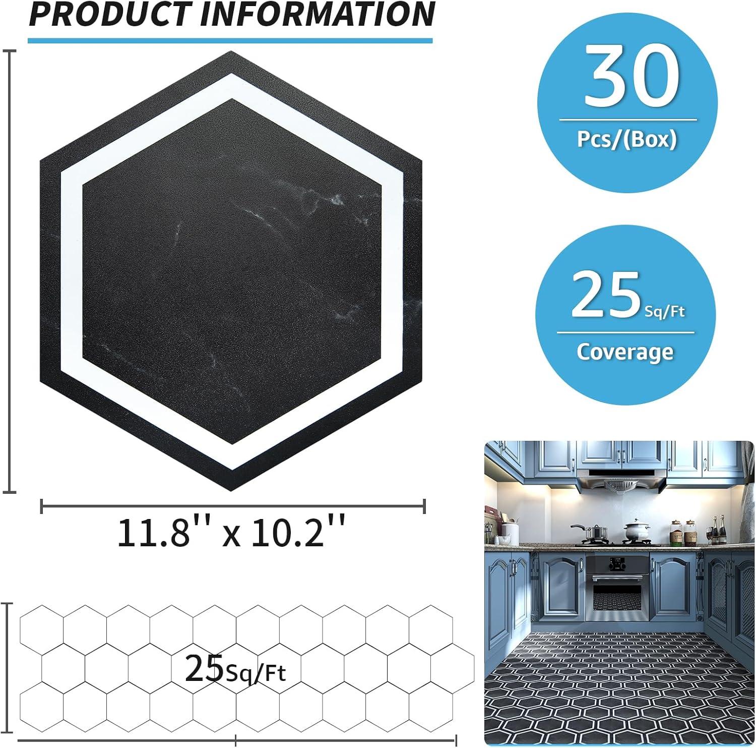 Art3d 30-Pack 11.8" x 10.2" Black Marble Hexagon Peel and Stick Flooring Tile, Self Adhesive Waterproof Vinyl Floor Tile