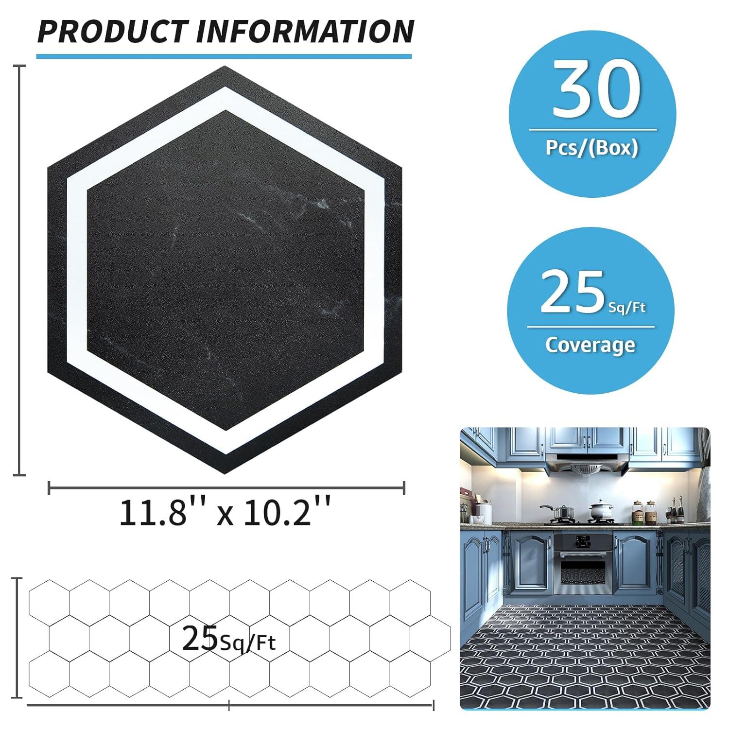 Art3d 30-Pack 11.8" x 10.2" Black Marble Hexagon Peel and Stick Flooring Tile, Self Adhesive Waterproof Vinyl Floor Tile