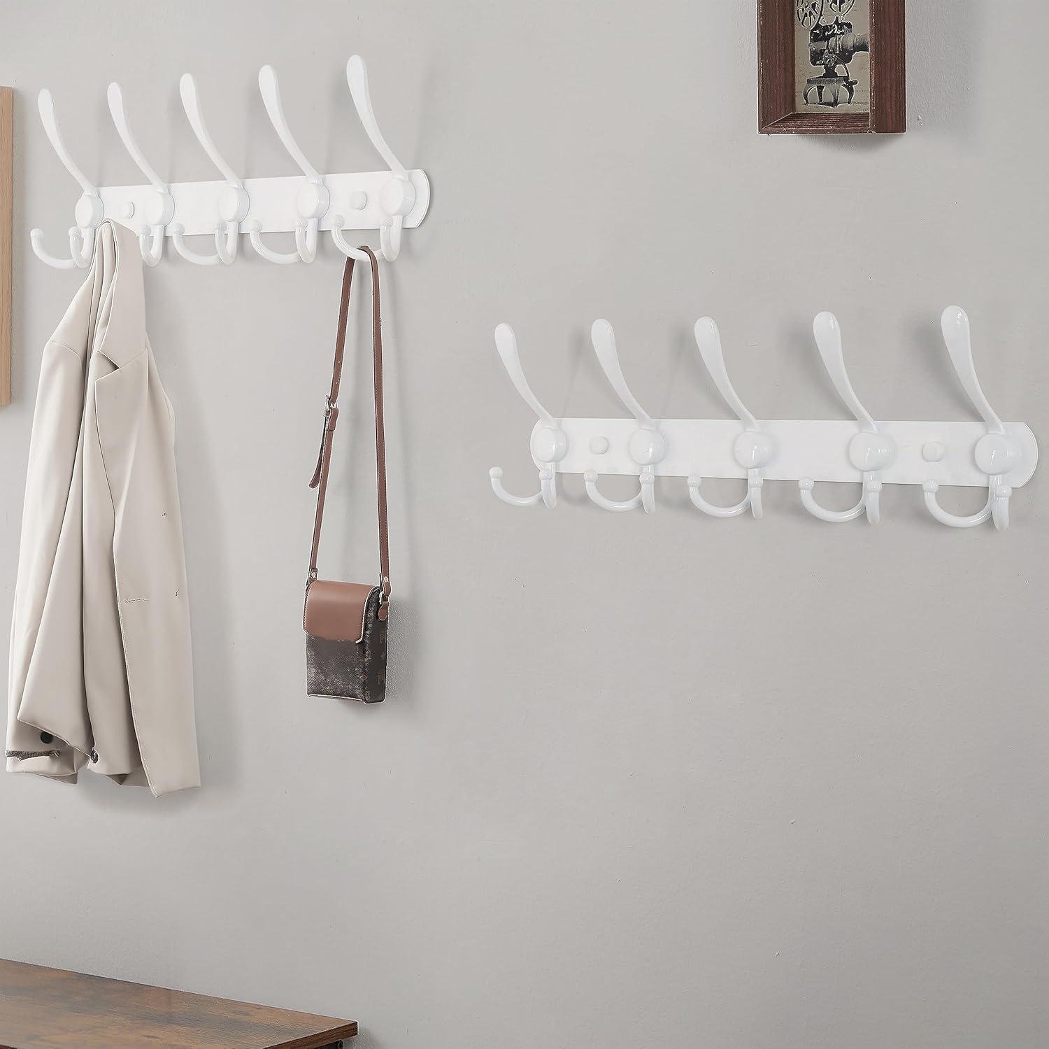 Dseap Coat Rack Wall Mount - 38” Long 10-Tri-Hooks Heavy Duty Coat Hanger Rail Wall Hooks for Hanging Coats Hats Clothing Clothes Purse Mudroom Entryway, White