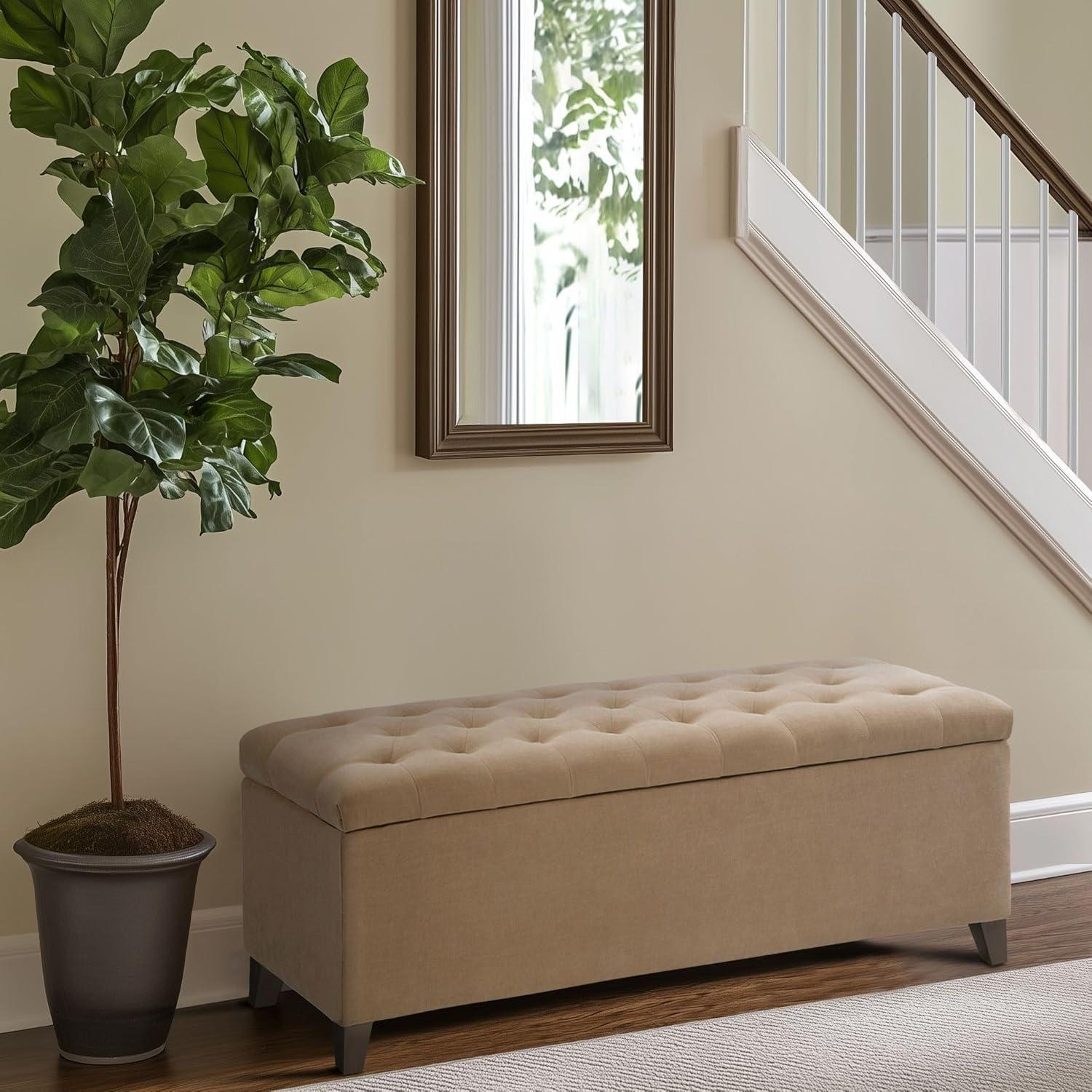 Shandra Bench Storage Ottoman with Tufted Top - Sand: Upholstered Bedroom Ottoman, Wood Legs, No Assembly Required