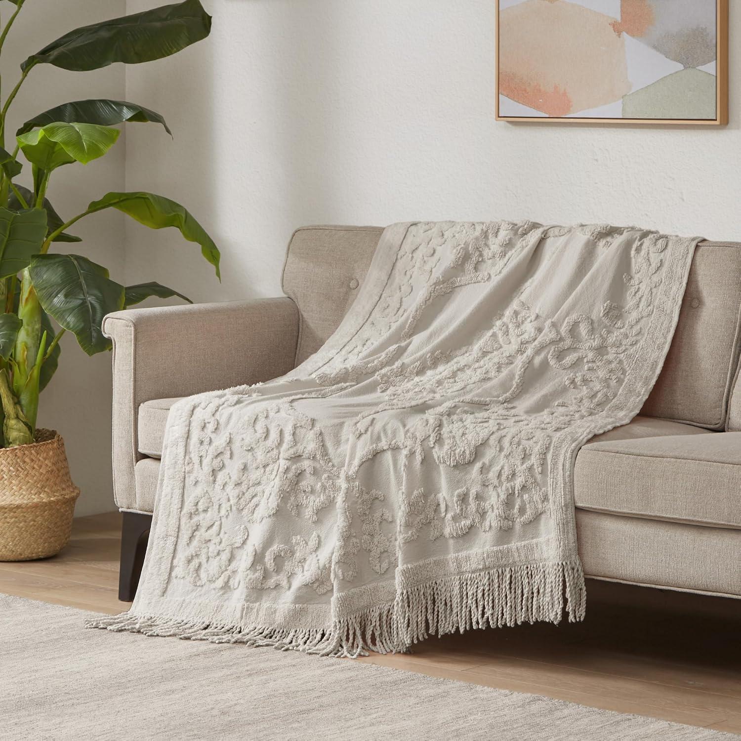Madison Park Chloe 100% Cotton Tufted Chenille Lightweight Throw With Fringe Tassel