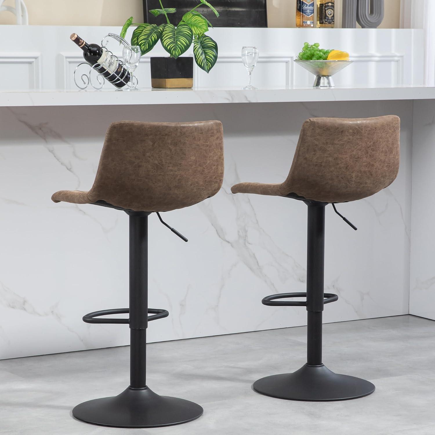 Adjustable Brown Leather Swivel Bar Stools with Footrest