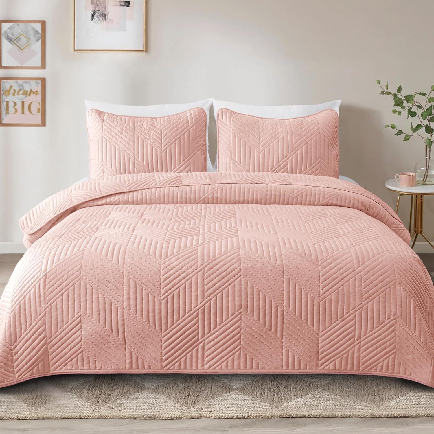 Blush Pink Twin Microfiber Reversible Quilt Set