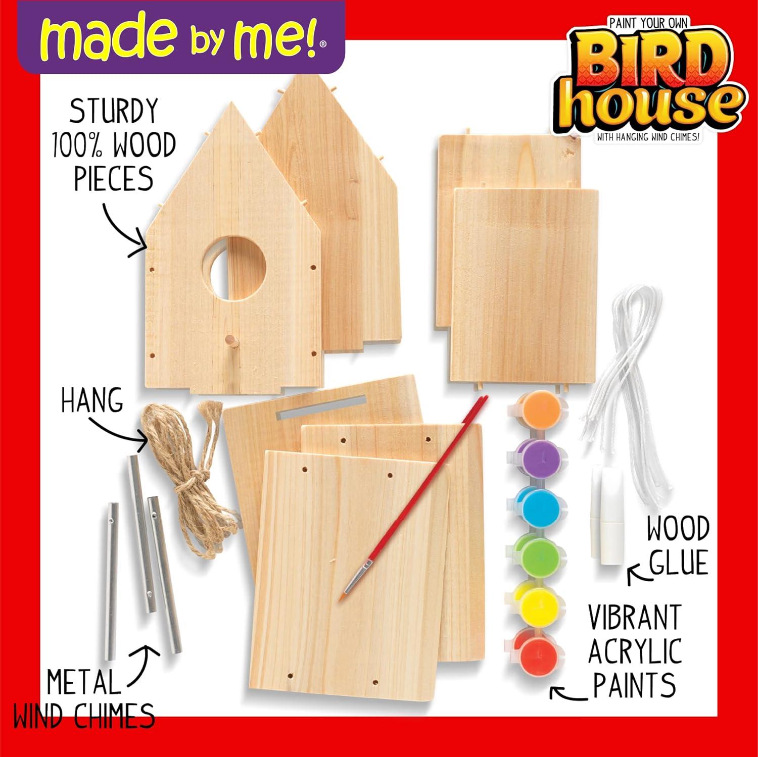 Made By Me Build & Paint Your Own Wooden Bird House Horizon Group USA, DIY Birdhouse Making Kit, Includes Paints, Brushes, Glue & Wind Chimes, Multicolor (46090F)