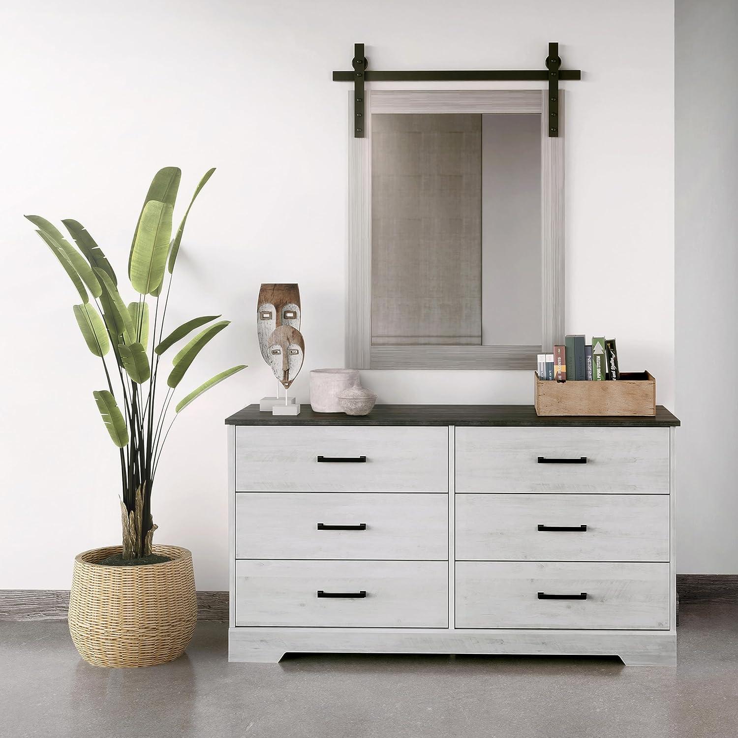 Prepac Rustic Ridge Farmhouse 6 Drawer Bedroom Dresser Washed White