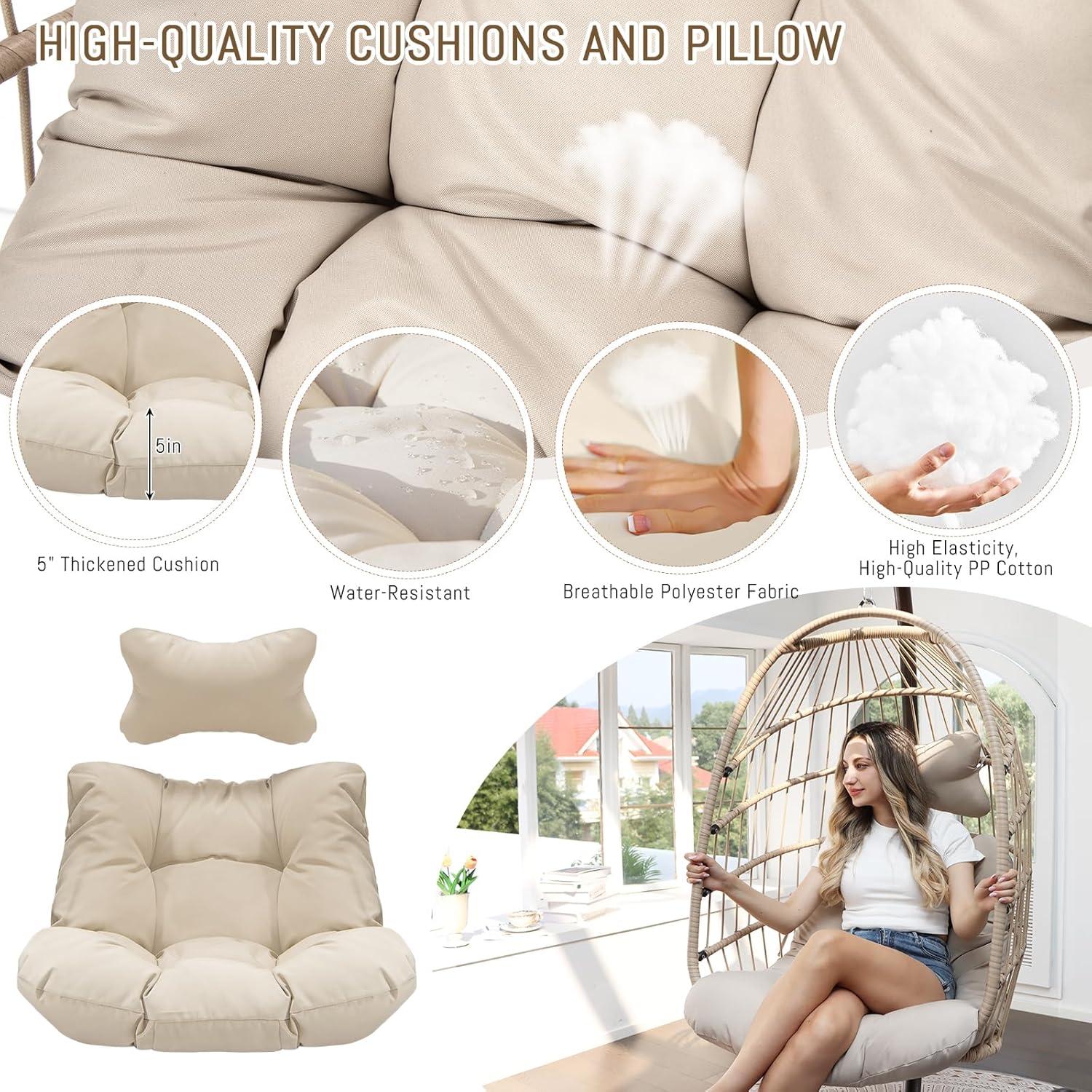 RADIATA Outdoor Foldable Hanging Egg Chair with Stand, PE Wicker Swing Chair with Cushion and Headrest, 350 lbs Capacity, Beige