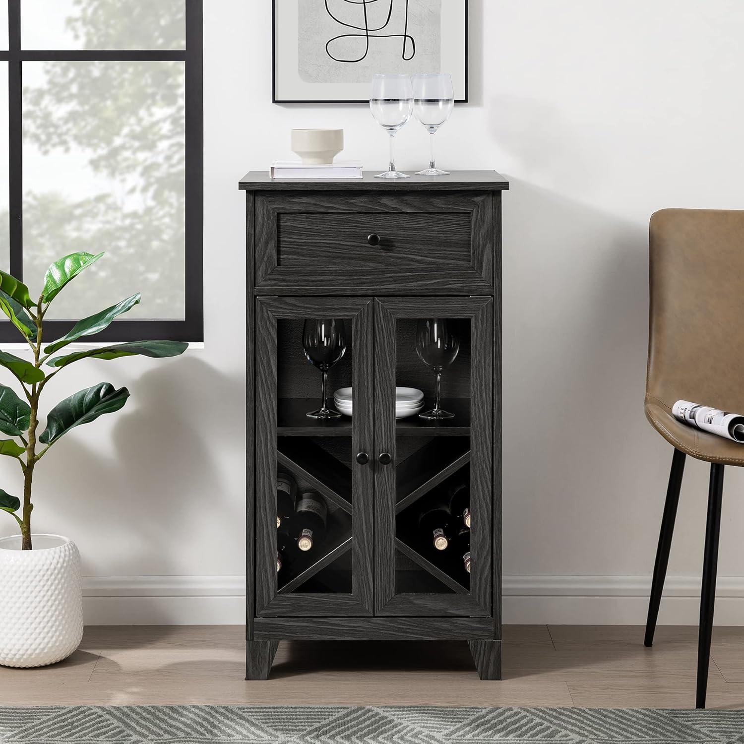 Graphite Glass-Door Bar Cabinet with Drawer and Shelving