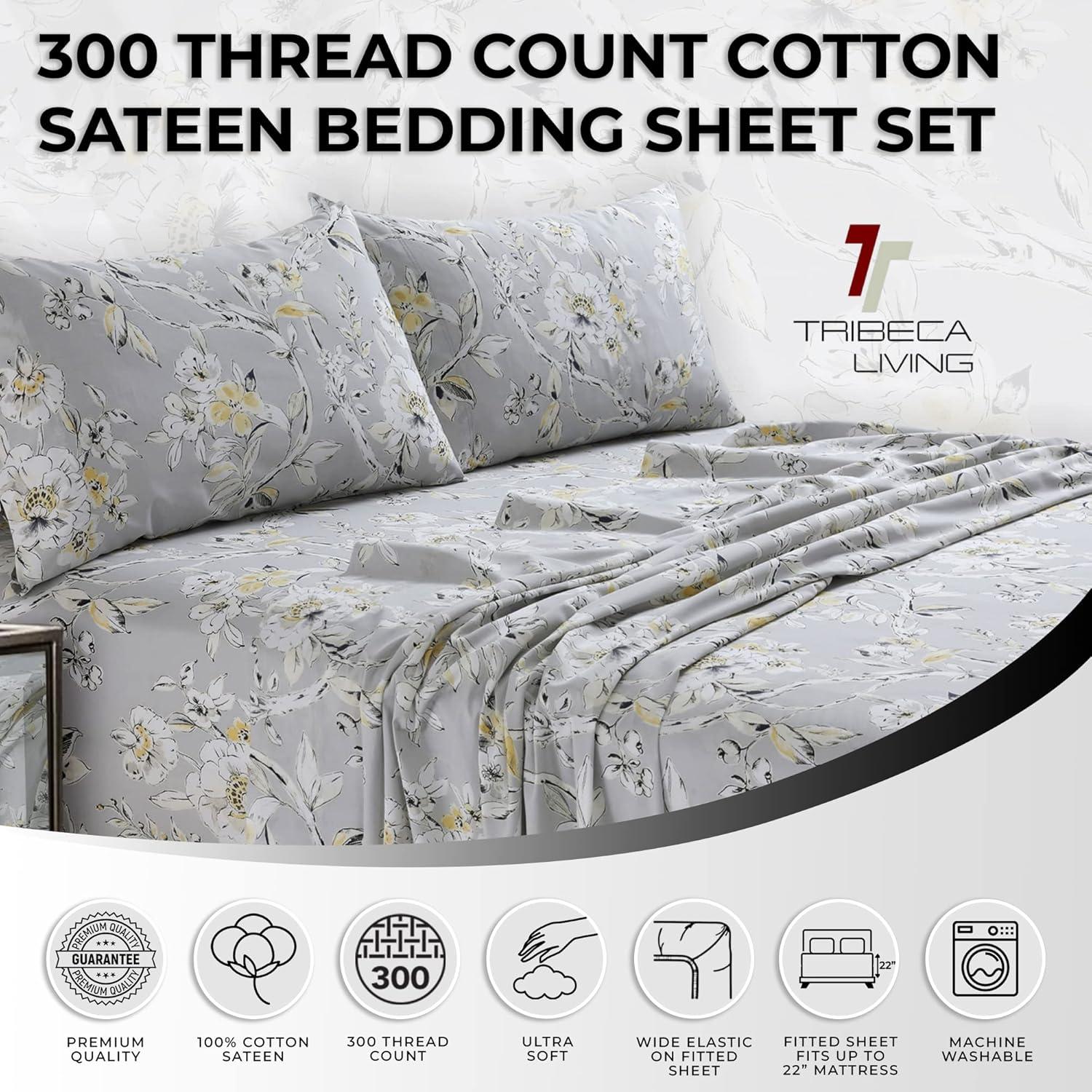 Tribeca Living Tribeca Living Printed 300 Thread Count Sheets 100% Egyptian-Quality Cotton With Sateen Weave Floral Sheet Set