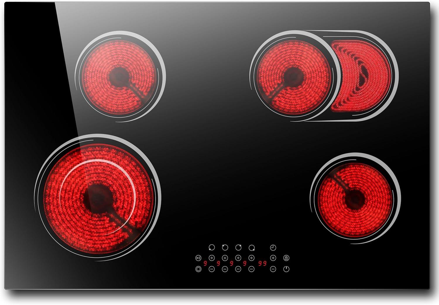 IsEasy 4 Burner Electric Cooktop 30 Inch Built-In Ceramic Cooktop Top, Electric Radiant Cooktop with Pause Function, Electric Stove Top, 220-240V 7200W, 9 Power Levels, Flexible Heating Zones