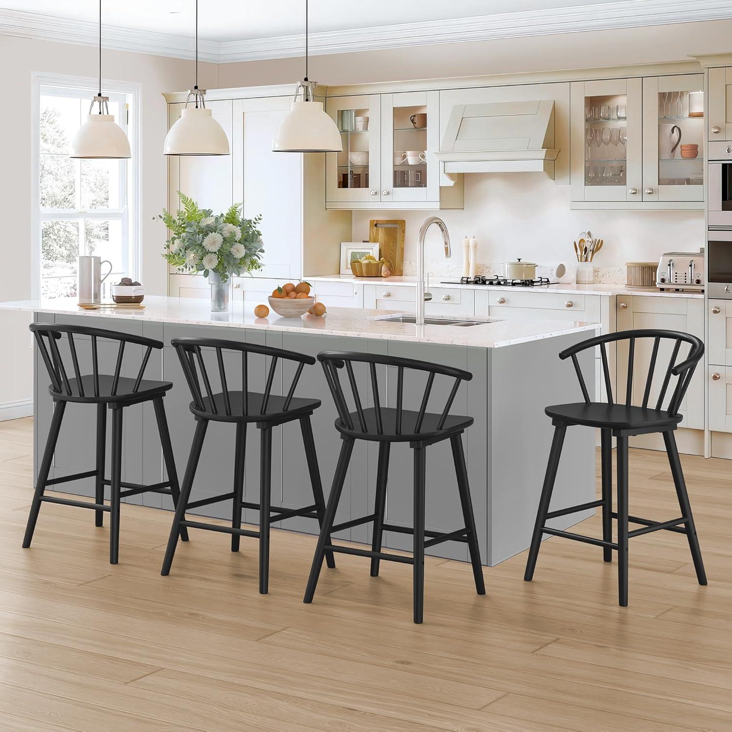 Winson Windsor 24 in. Black Solid Wood Bar Stool for Kitchen Island Counter Stool with Spindle Back Set of 6