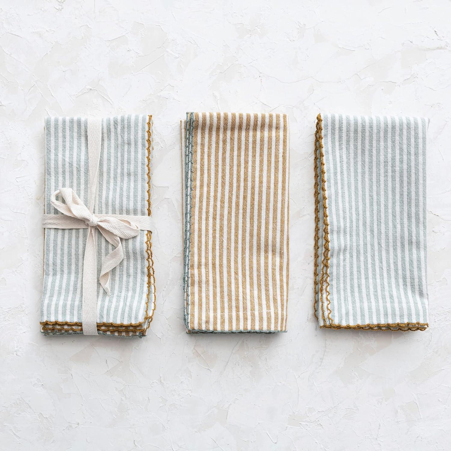 Blue and Yellow Striped Cotton Napkins with Scalloped Edge, Set of 4