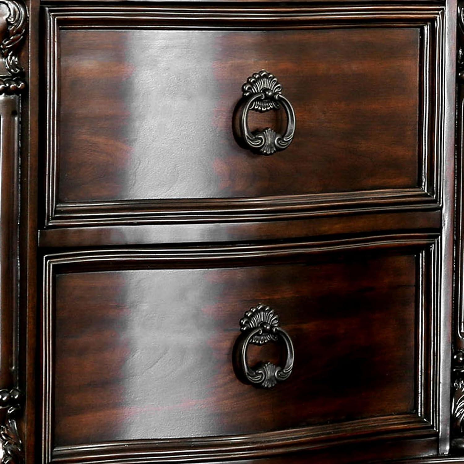 Benzara 30 Inch Nightstand with 2 Drawers, Classic Marble Top, Ornate Pilasters, Dark Cherry Brown