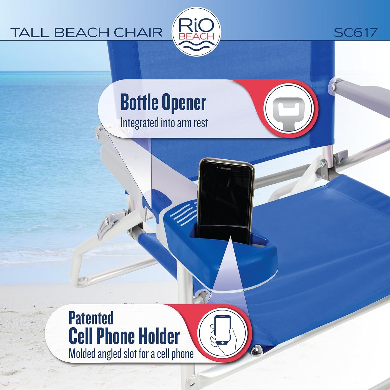 17" High Blue and Green Striped Foldable Beach Chair with Armrests