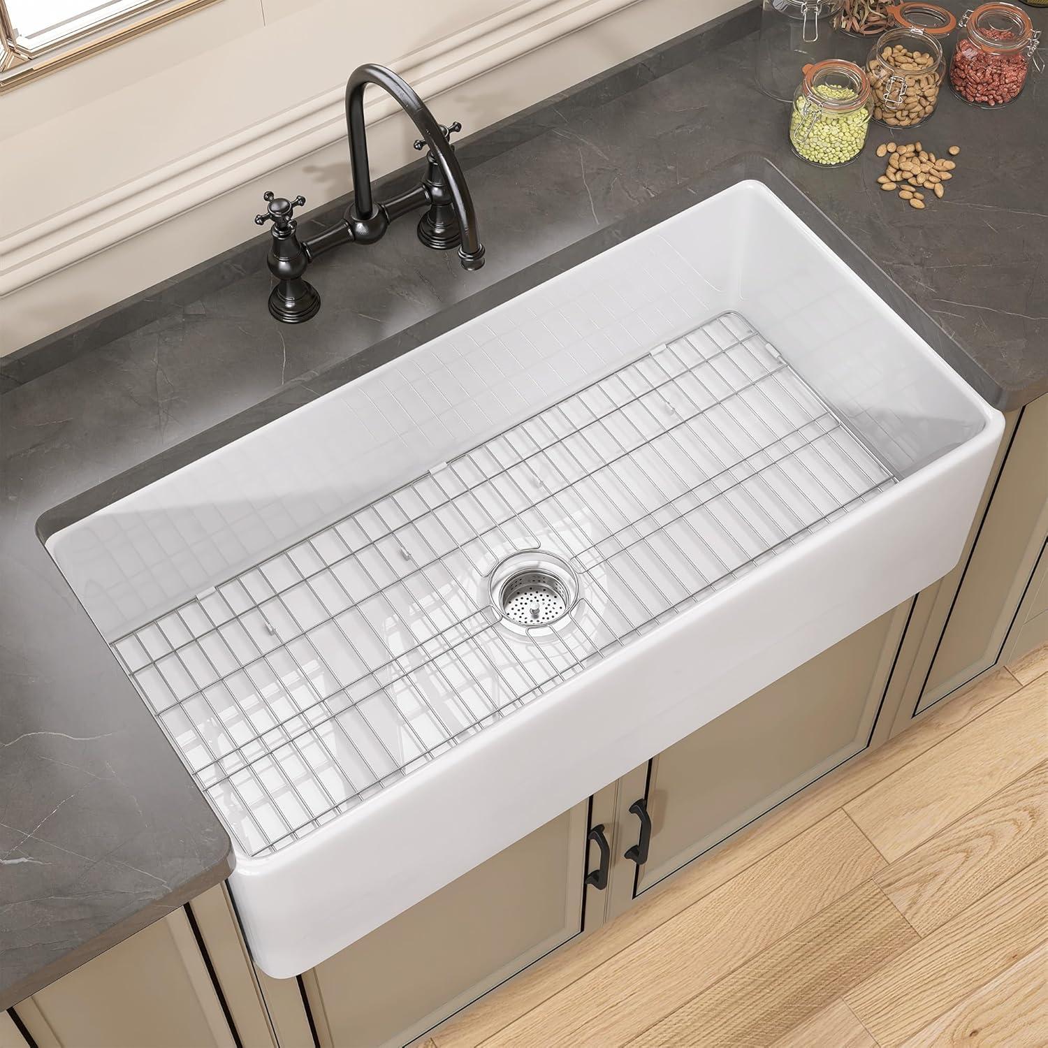 Farmhouse Sink 36 inch X 18 inch White Fireclay Apron Undermount Kitchen Farm Sink Single Bowl Large Big Modern Farmer Sinks with Luxury Accessories