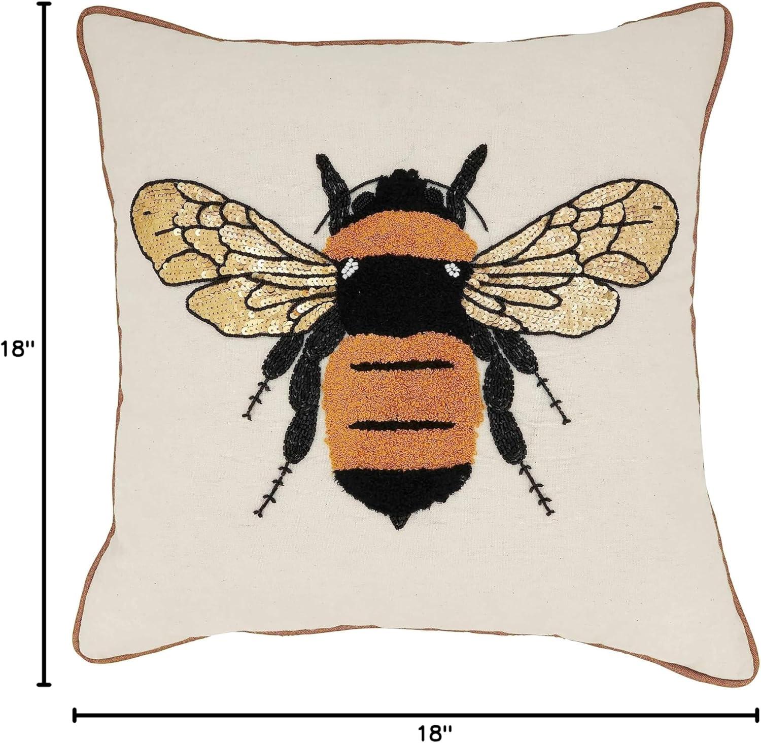 Beige Embroidered Bumble Bee Square Throw Pillow