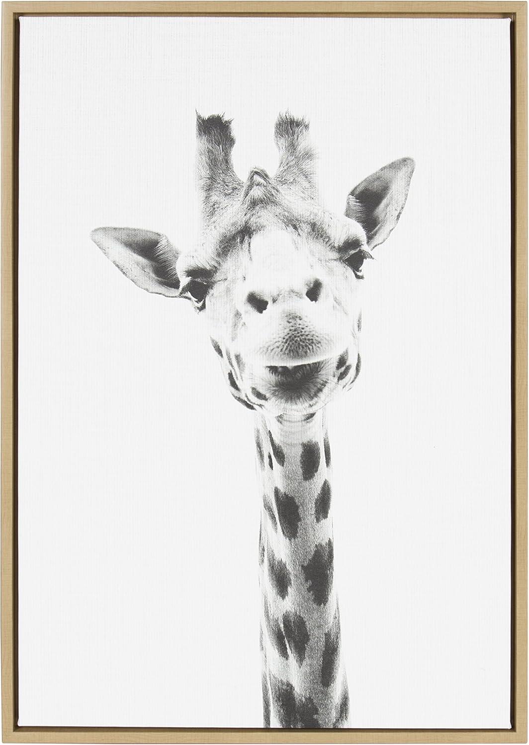 Natural Framed Giraffe Pencil Drawing on Canvas for Nursery