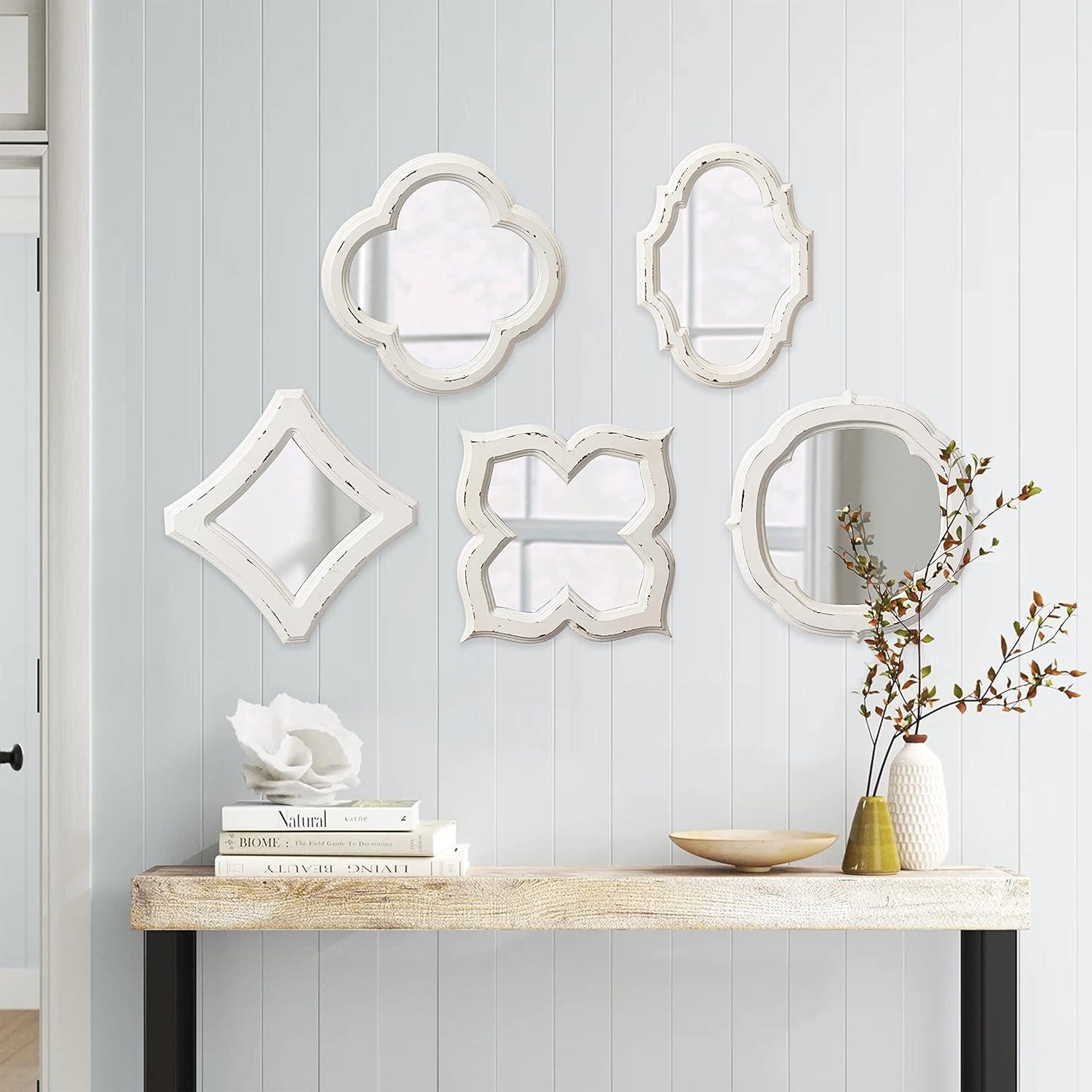 Farmhouse Small Decorative Mirrors for Wall Decor Living Room 7.9", Hanging Distressed White Vintage Wood Frame Bedroom Mirror, Rustic Rhombus Wall Mounted Mirror for Home Decor Bathroom Fireplace