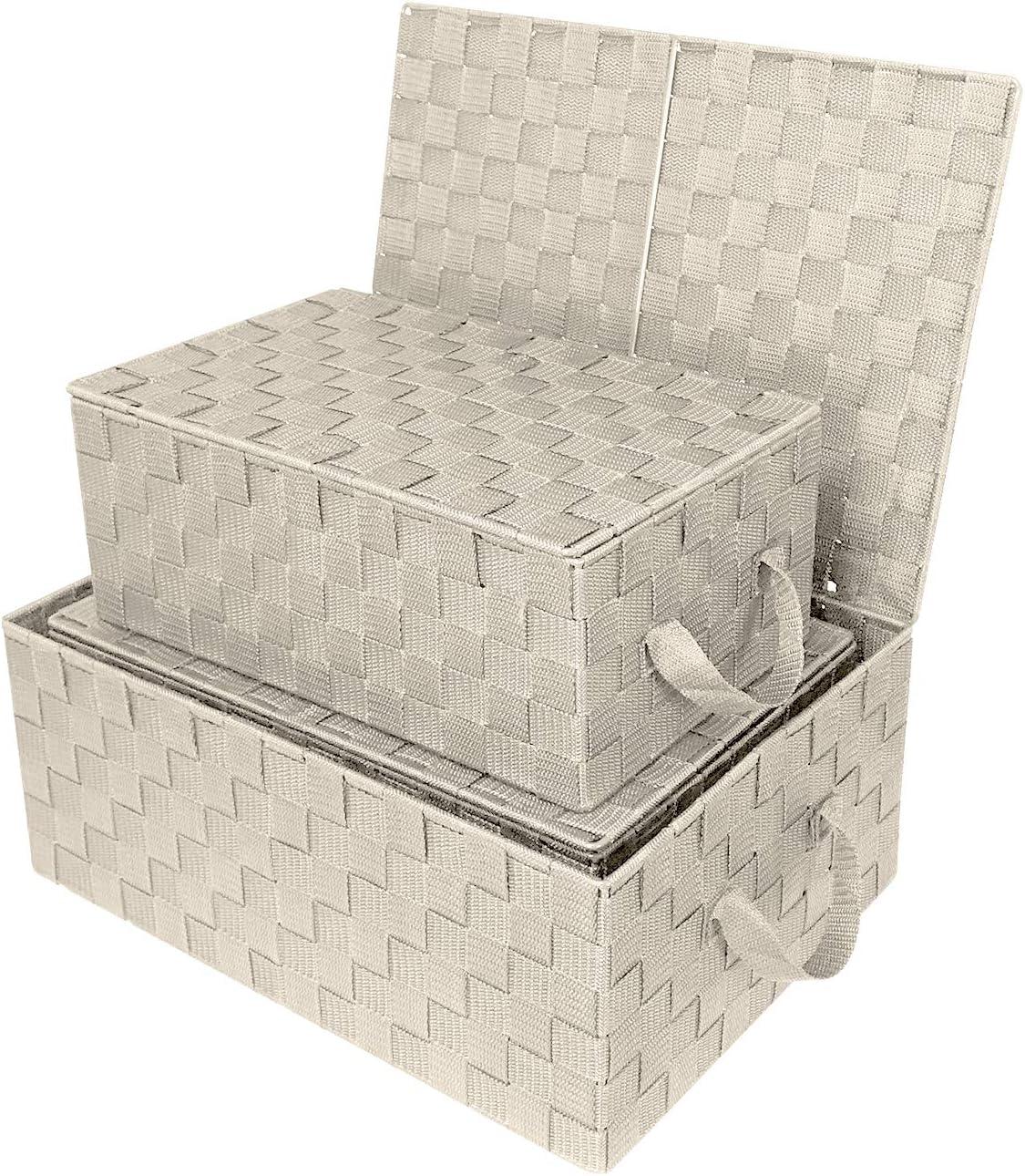 Beige Hand-Woven Square Storage Baskets with Lids