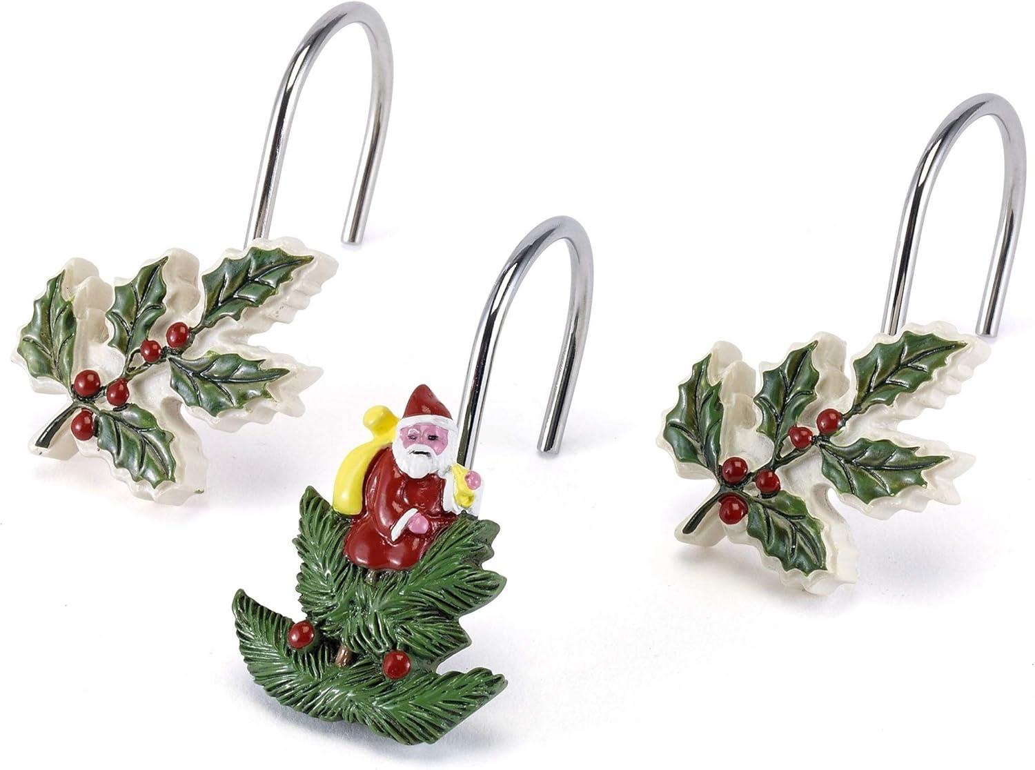 Holiday Christmas Tree and Holly Resin Shower Curtain Hooks Set