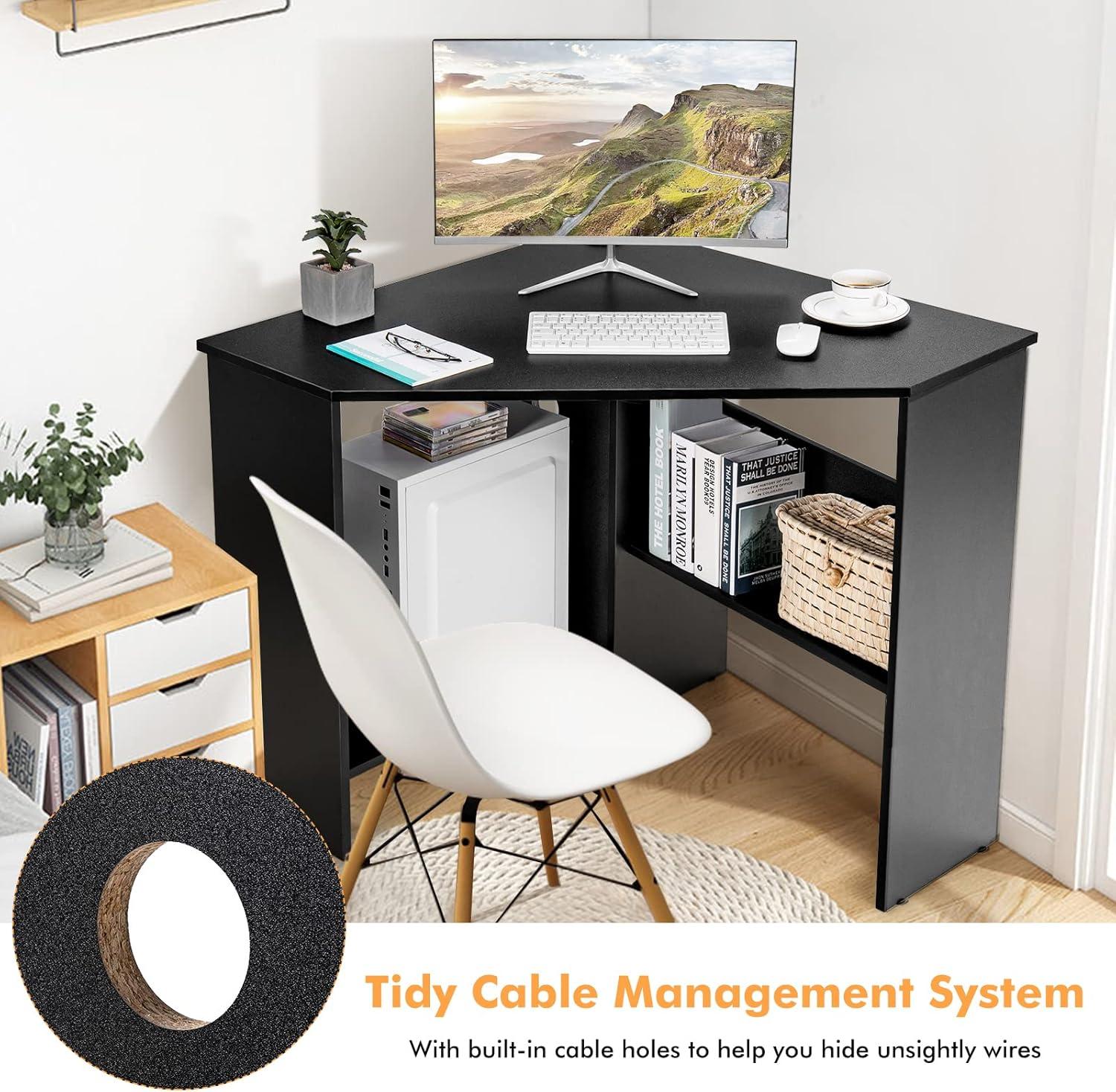 Costway Corner Computer Desk Triangle Writing Workstation w/ Storage Shelf Black