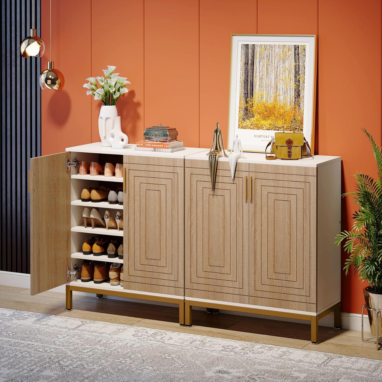 Shoe Cabinet with Doors, 20 Pairs Entryway Shoe Storage Cabinet with Shelves, 5-Tier Modern Free Standing Shoe Racks Storage Organizer for Closet, Living Room, Bedroom(White/Natural)