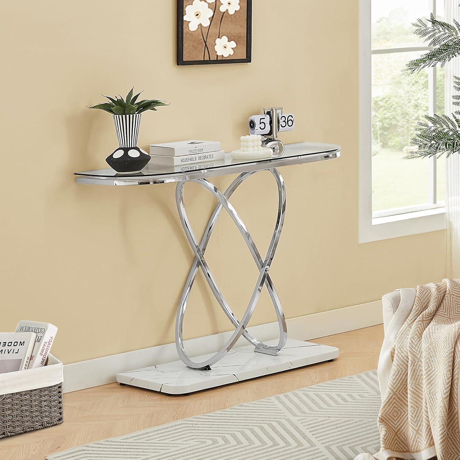 Silver and Clear Glass Console Table with Faux Marble Base