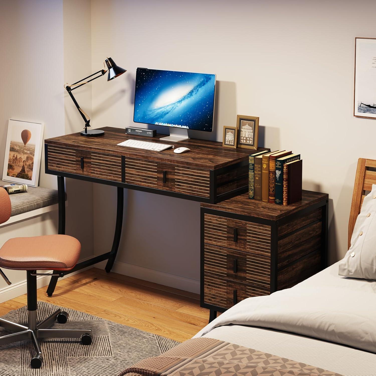 Industrial Brown Wood 55" Computer Desk with 5 Drawers