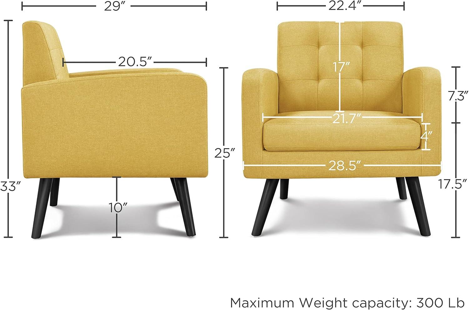 Yaheetech Set of 2 Mid Century Tufted Back Accent Arm Chair with Rubberwood Legs, Yellow
