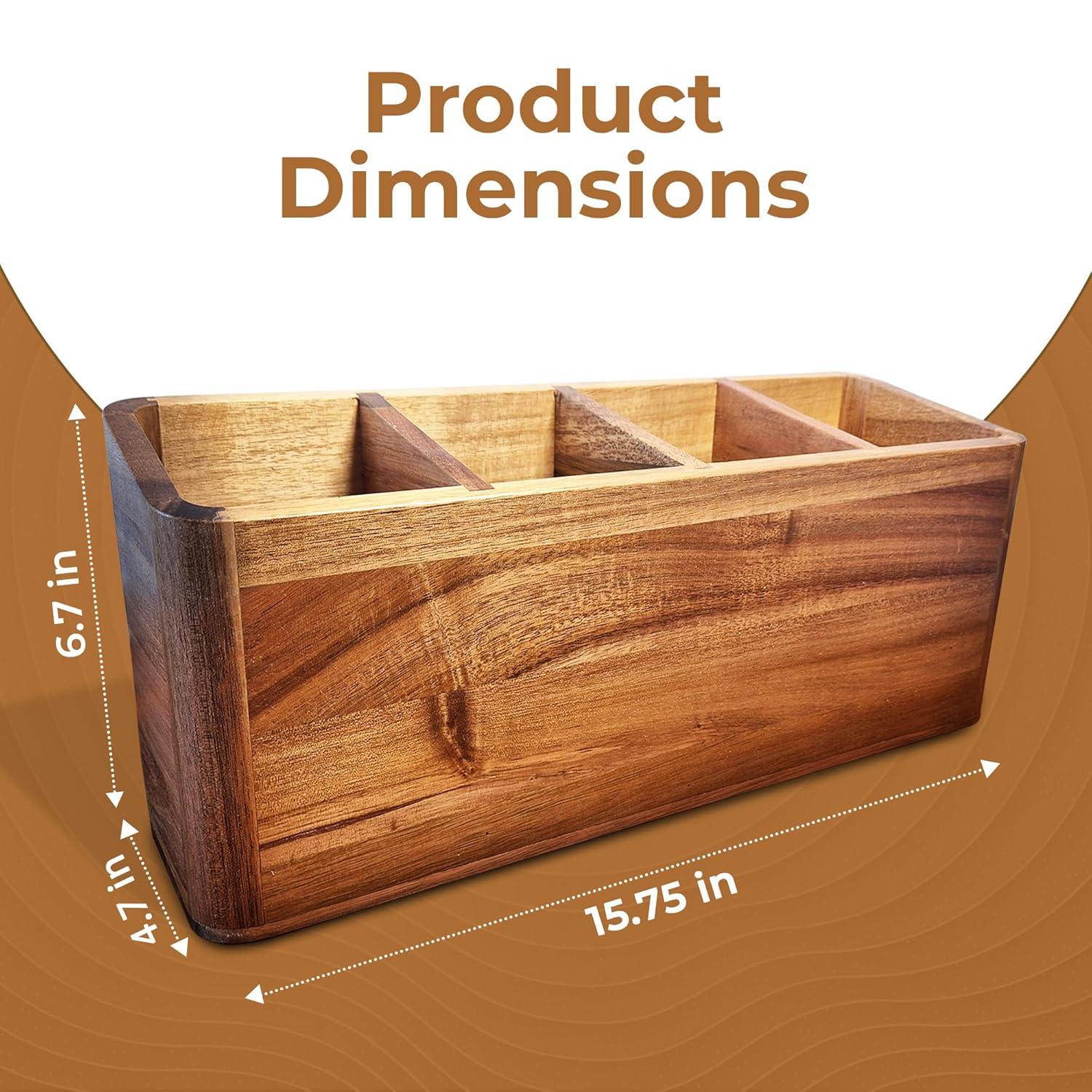 Large Kitchen Utensil Holder Organizer for Counter or Countertop, Large Wooden Utensil Holder for Storage Cooking and Silverware with 3 Compartment, Acacia Rustic Wood Container Extra Large