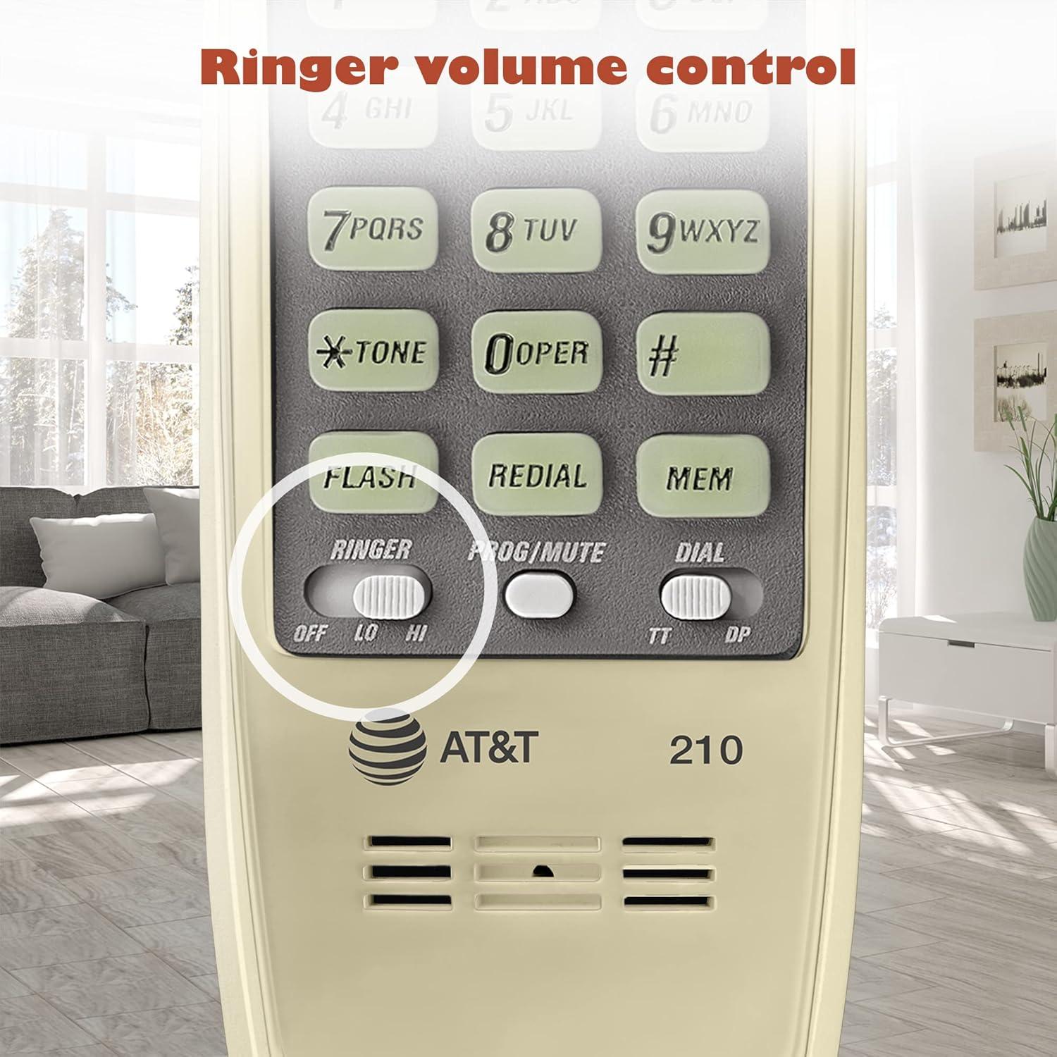 AT&T TRIMLINE 210 Corded Home Phone, No AC Power Required, Improved Easy-Wall-Mount, Lighted Big Button Keypad, 13 SpeedDial Keys, Last Number Redial, Mute, Flash, Volume Control, Beige