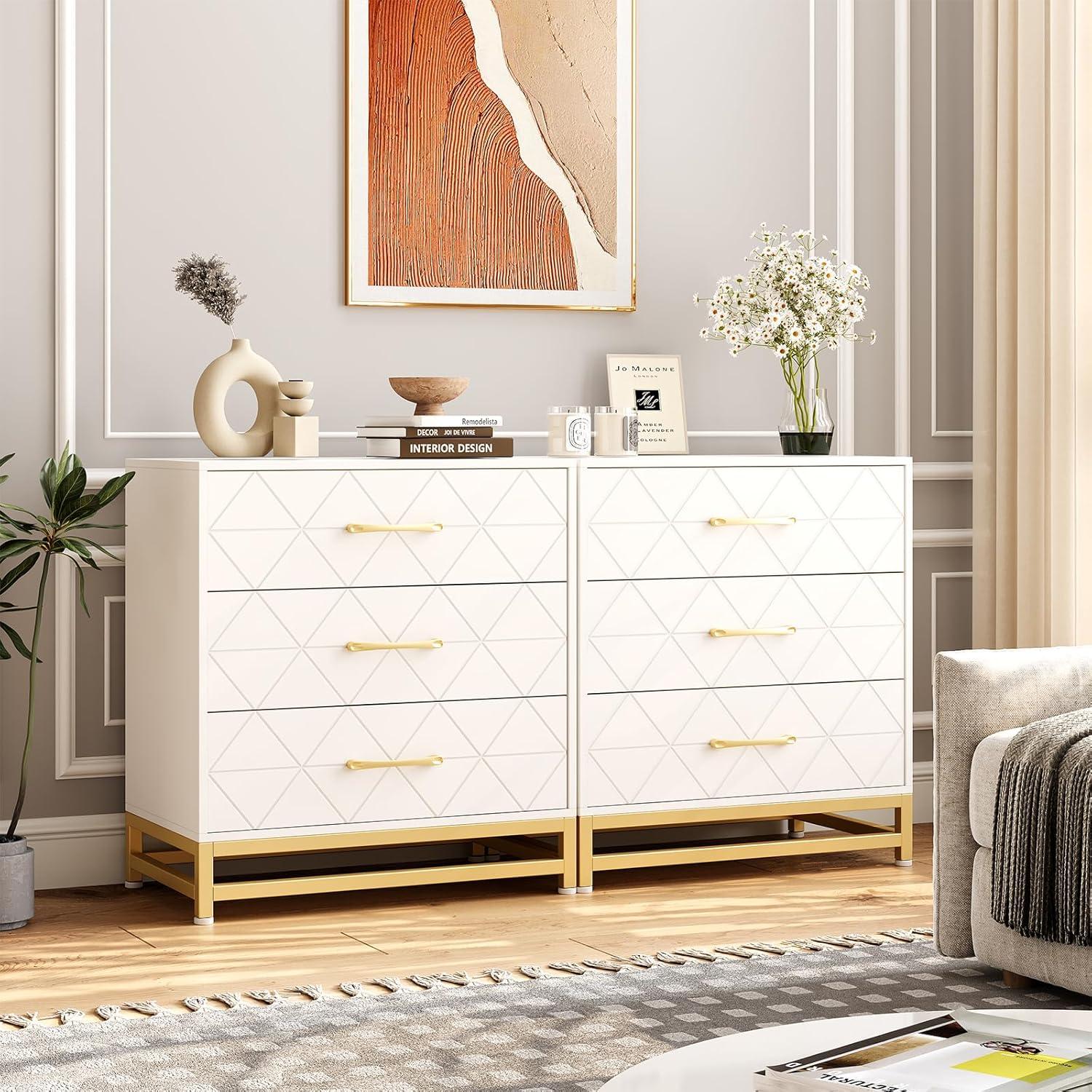 Garvee Dresser for Bedroom with 6 Drawer, Wood Dressers Chest of Drawers with Wide Drawers and Metal Handles for Living Room Hallway Entryway, White