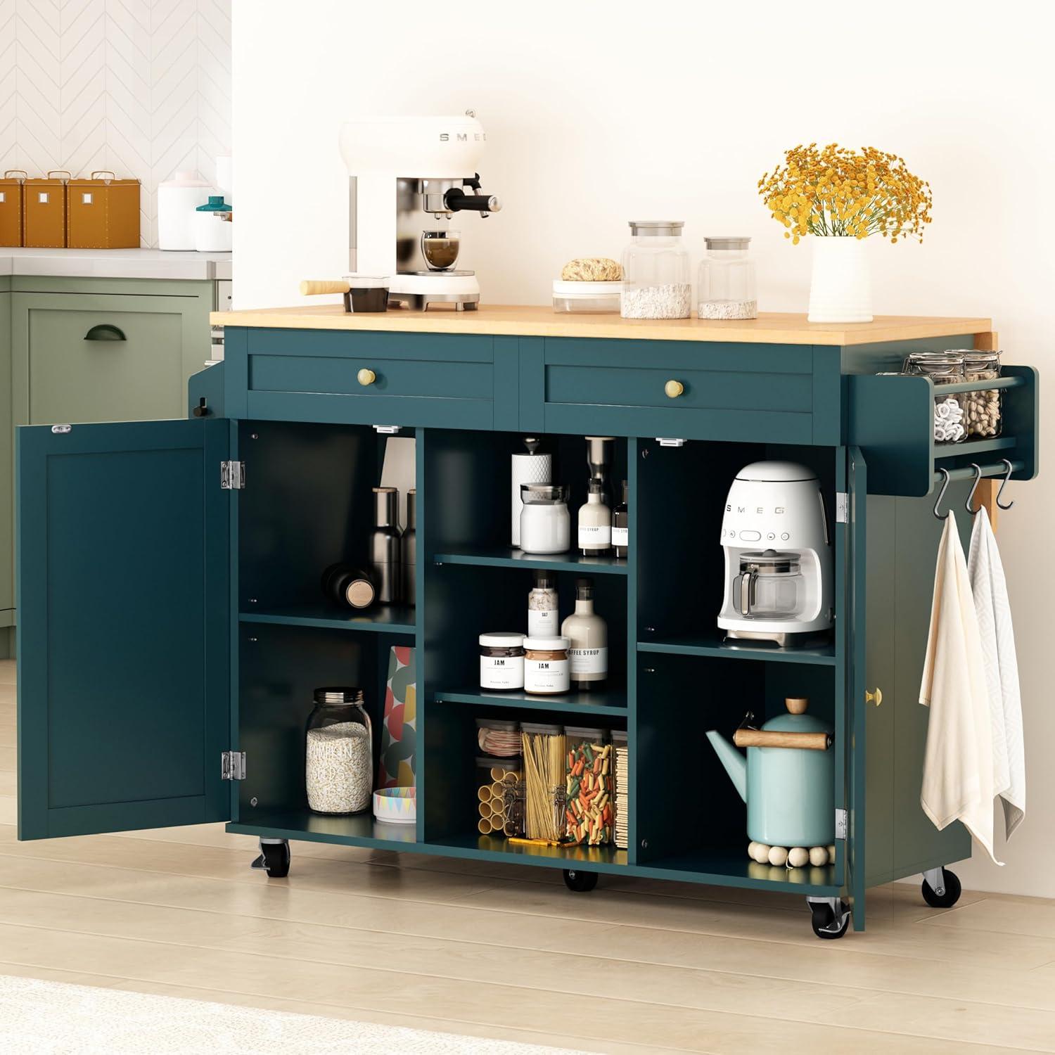 Green Rolling Kitchen Island with Drop Leaf and Storage