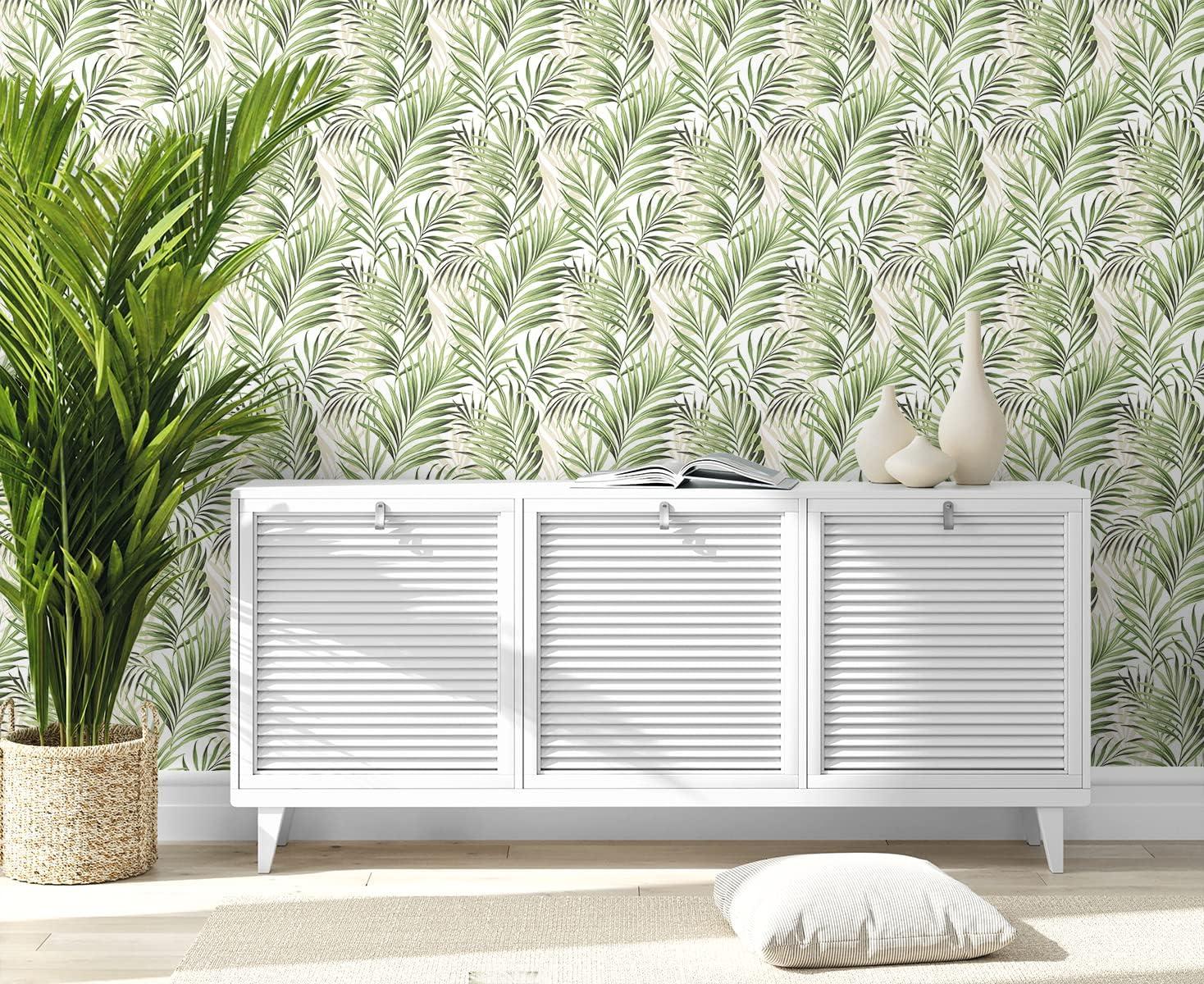 Aloe Green and Taupe Tropical Peel & Stick Wallpaper