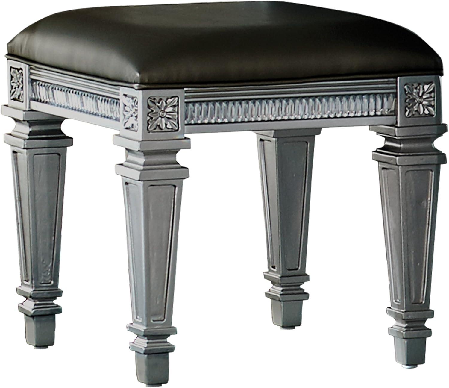 Bevelle Glam Silver Vanity Stool with Acrylic Crystal Accents