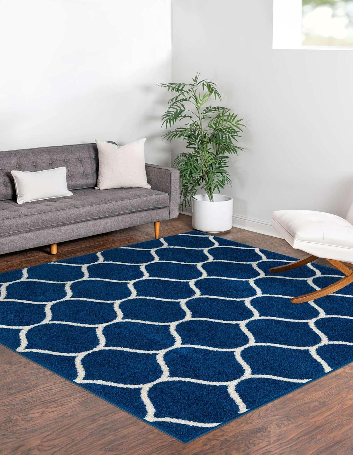 Unique Loom 5' 0 x 5' 0 Trellis Frieze Rounded Navy Blue Area Rug