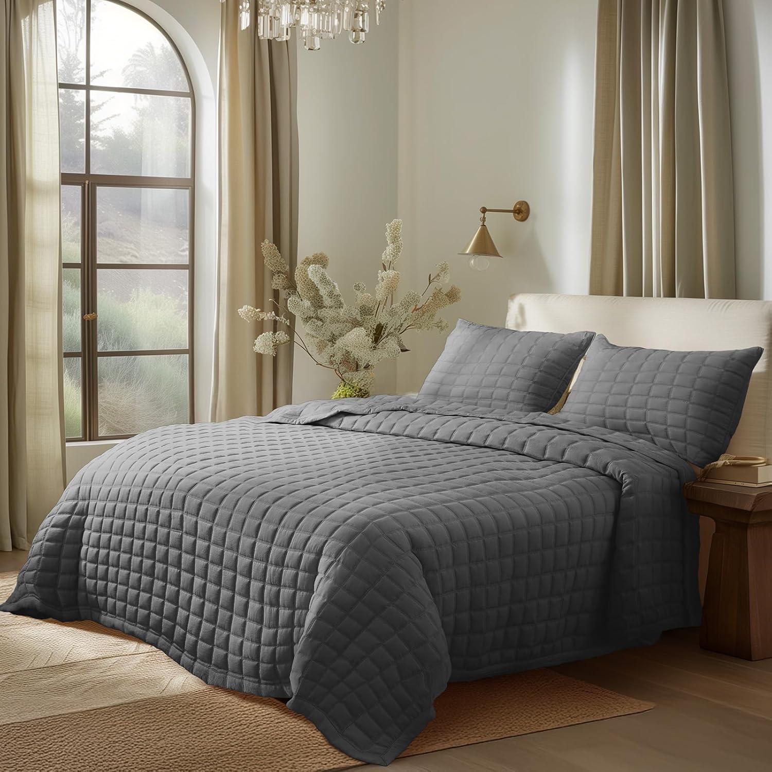 Dark Grey Reversible Microfiber Queen Quilt Set