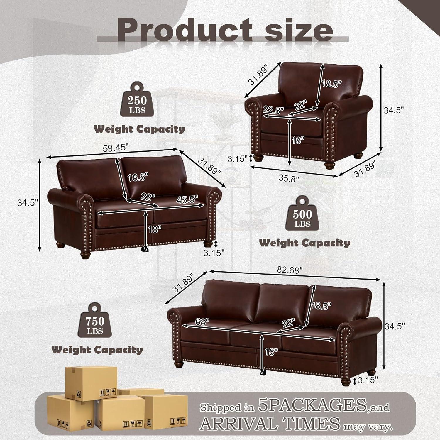 Burgundy Faux Leather 3-Piece Sofa Set with Nailhead Trim