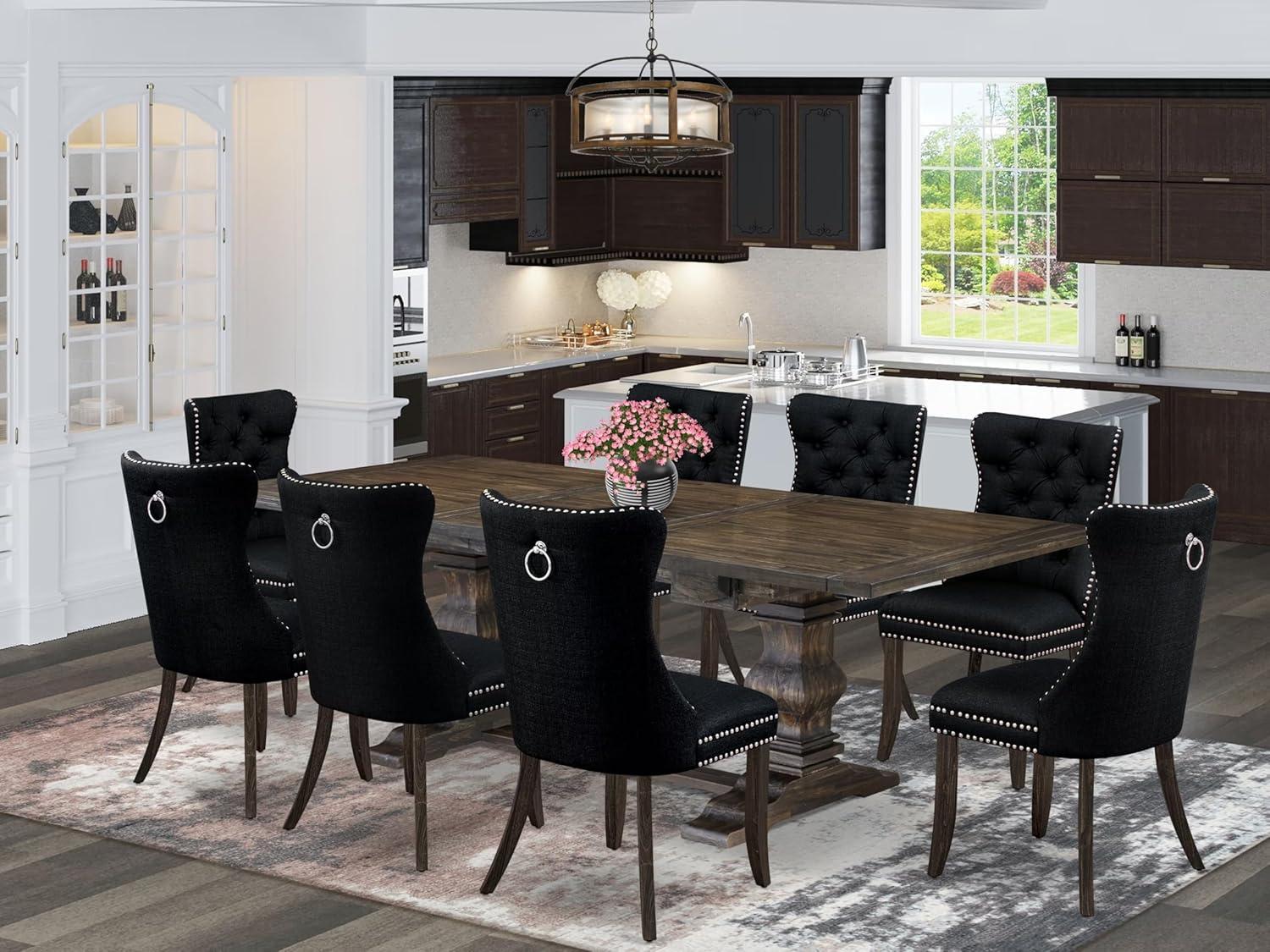 Distressed Jacobean Acacia Wood 9-Piece Dining Set with Black Upholstered Chairs