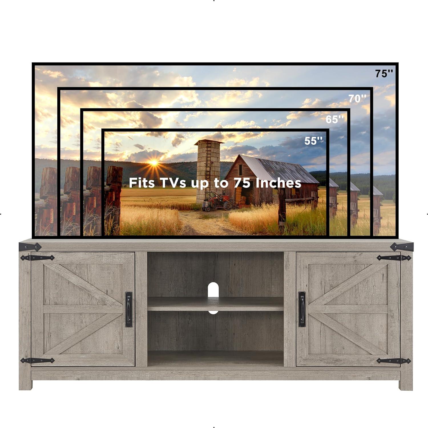 Gray Farmhouse TV Stand with Barn Doors and Cabinets for 75" TVs