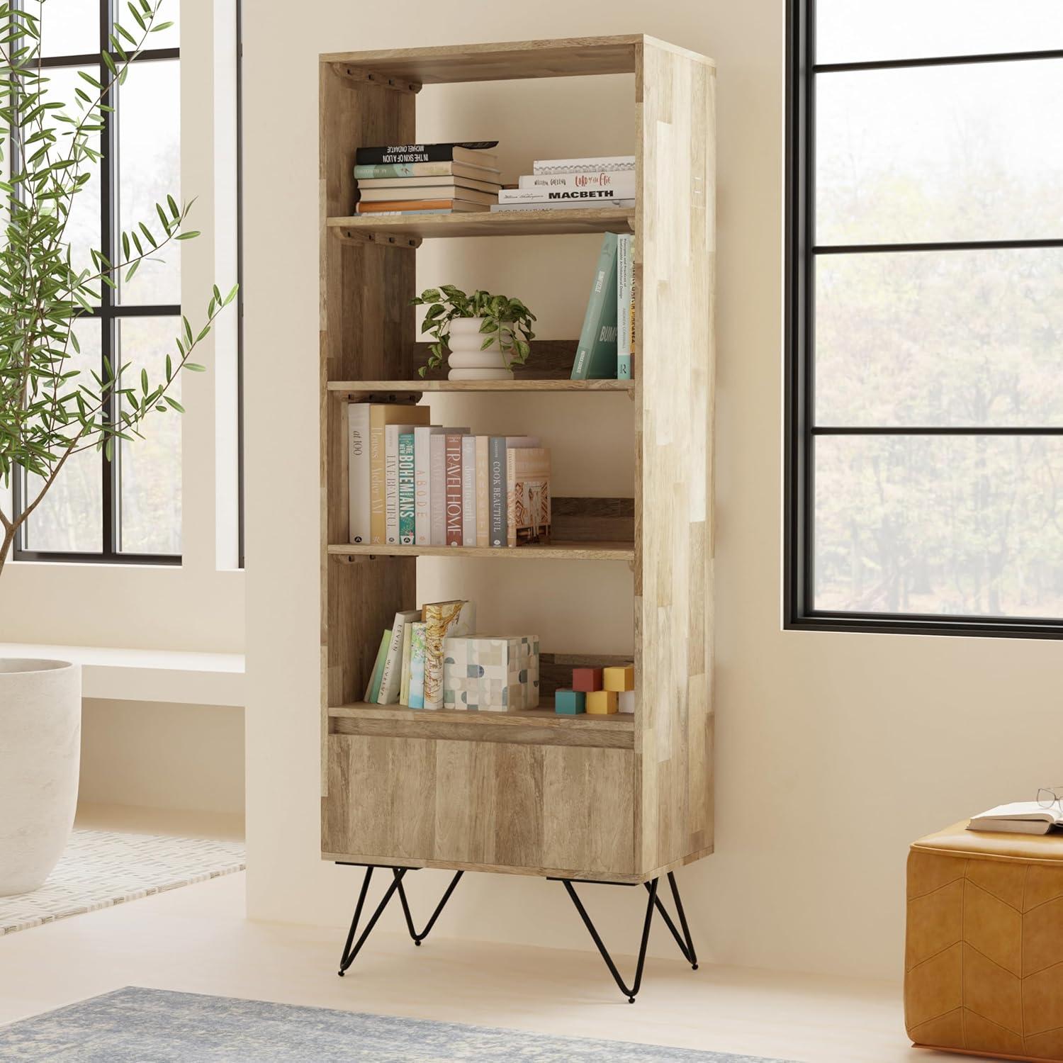 Hunter Natural Solid Mango Wood and Black Metal Tall Bookcase