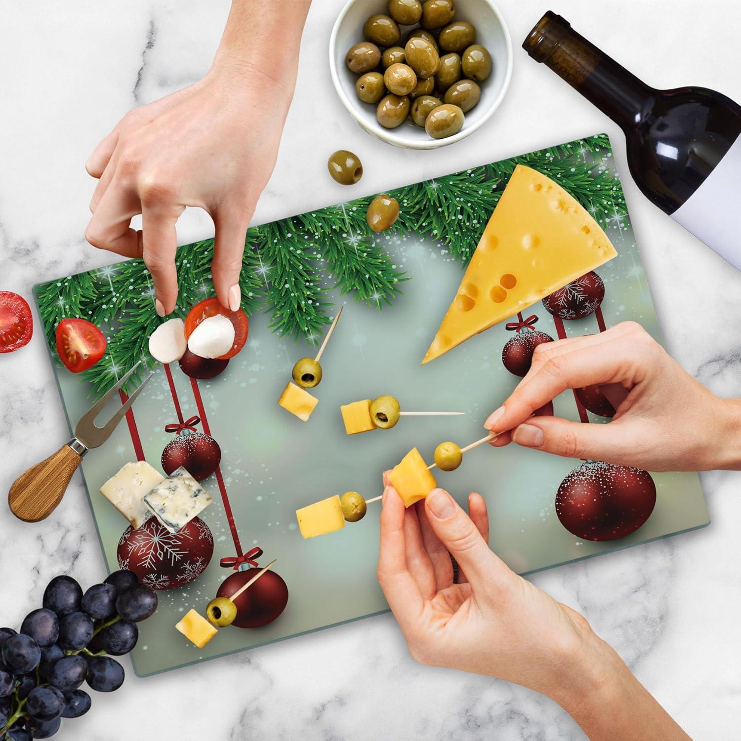 Christmas Cutting Board, Xmas Traditional Winter Season Theme Fir Twigs and Vibrant Balls Graphic Print, Decorative Tempered Glass Cutting and Serving Board, Large Size, Red Green, by Ambesonne