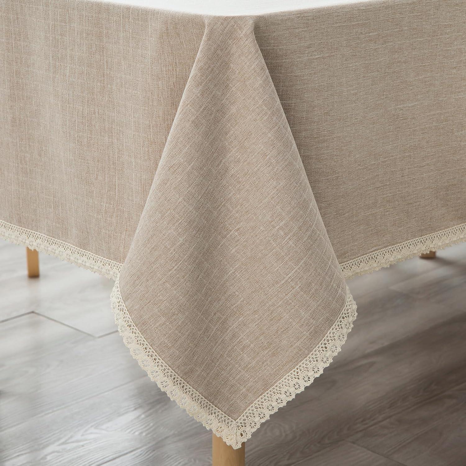 Solid Heavy Weight Lace Trim Rectangle Fabric Tablecloth, Table Cover for Kitchen Dining Tabletop