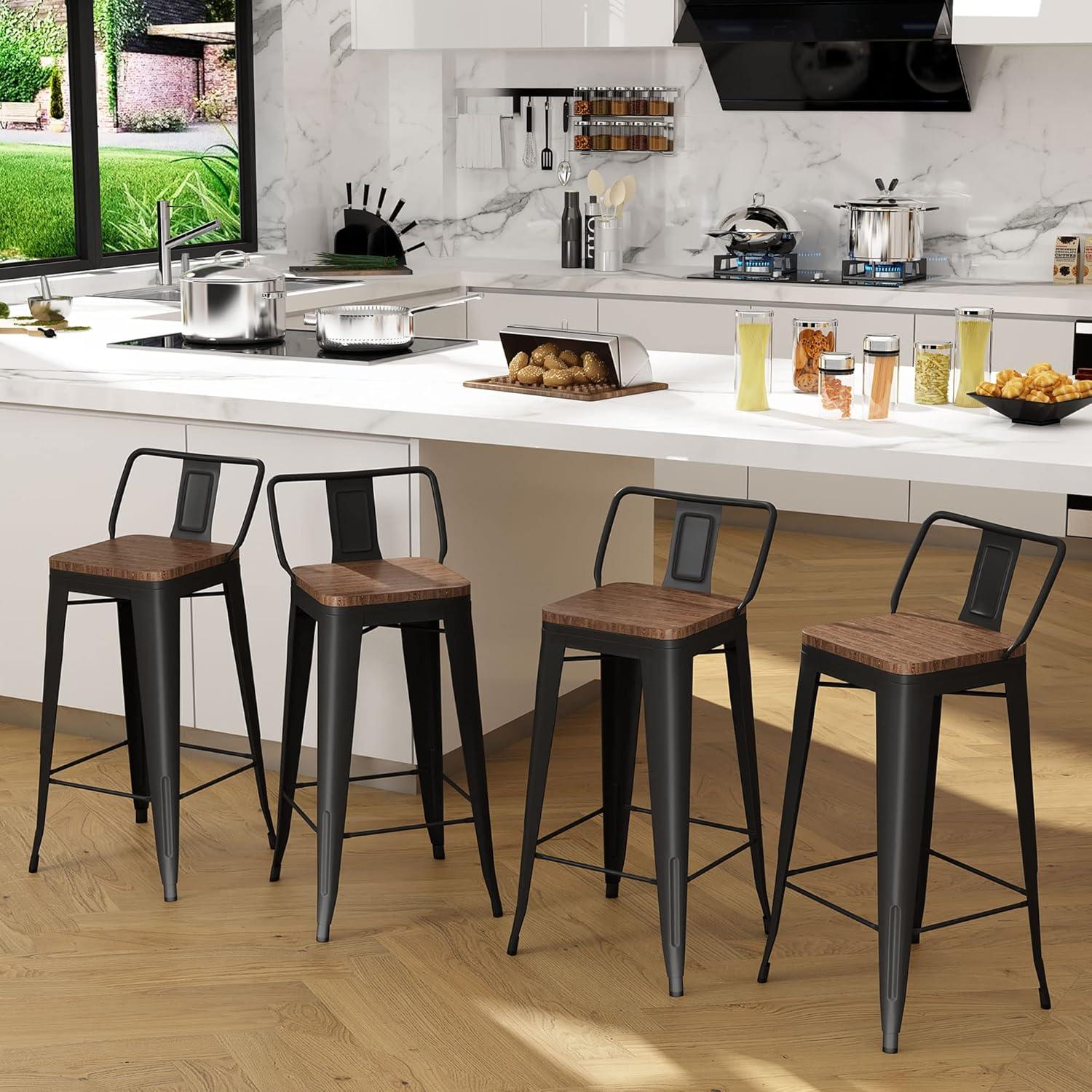 Bar Stools Set of 4 Metal Bar Stool Counter Height Bar Stools 26" Black Modern Bar Chairs with Back and Wooden Seat Bar Stools Counter Height