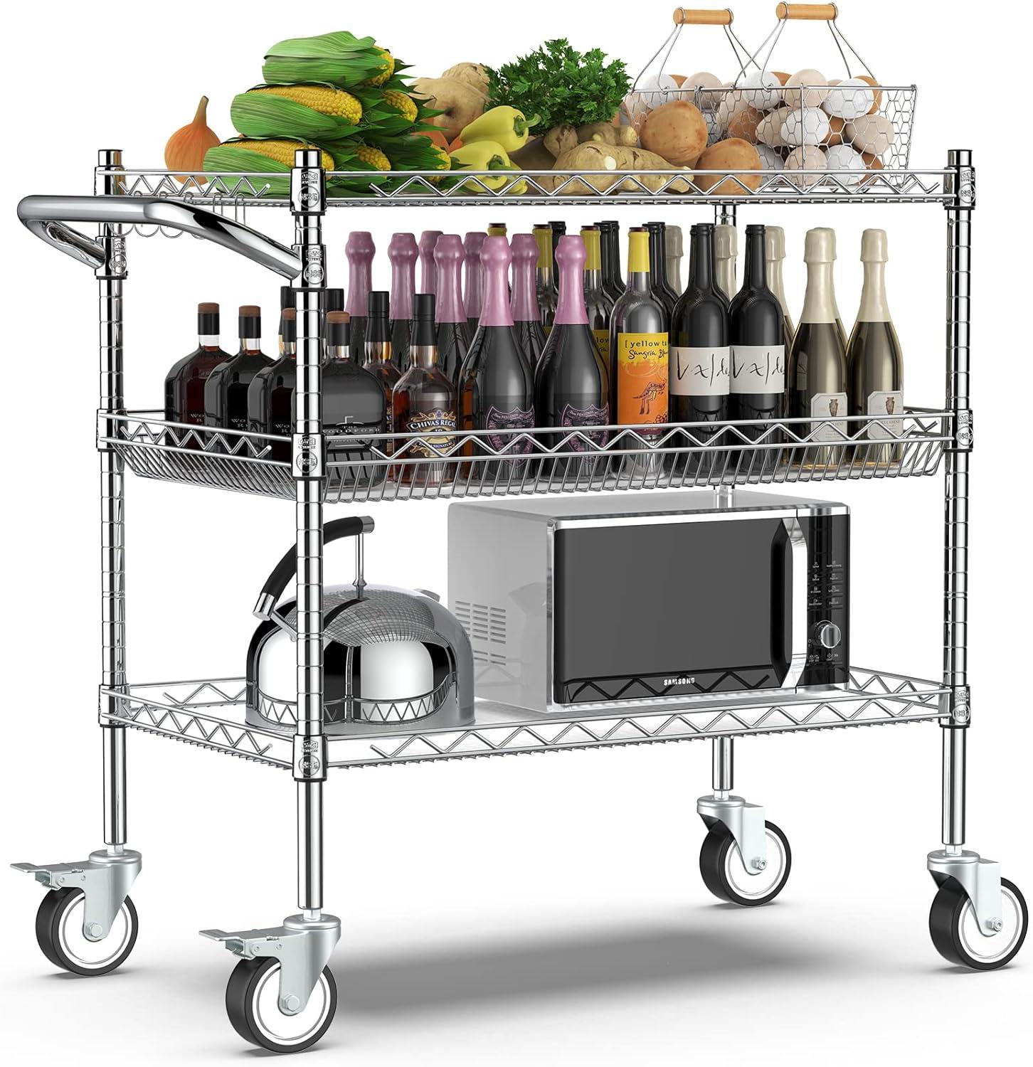 990lbs Capacity 3 Tier Heavy Duty NSF Rolling Chrome trolley Cart with Wheels & Wire Shelving & Handle Bar-Storage Carts on Wheels for Kitchen, Office, Outdoor,Serving