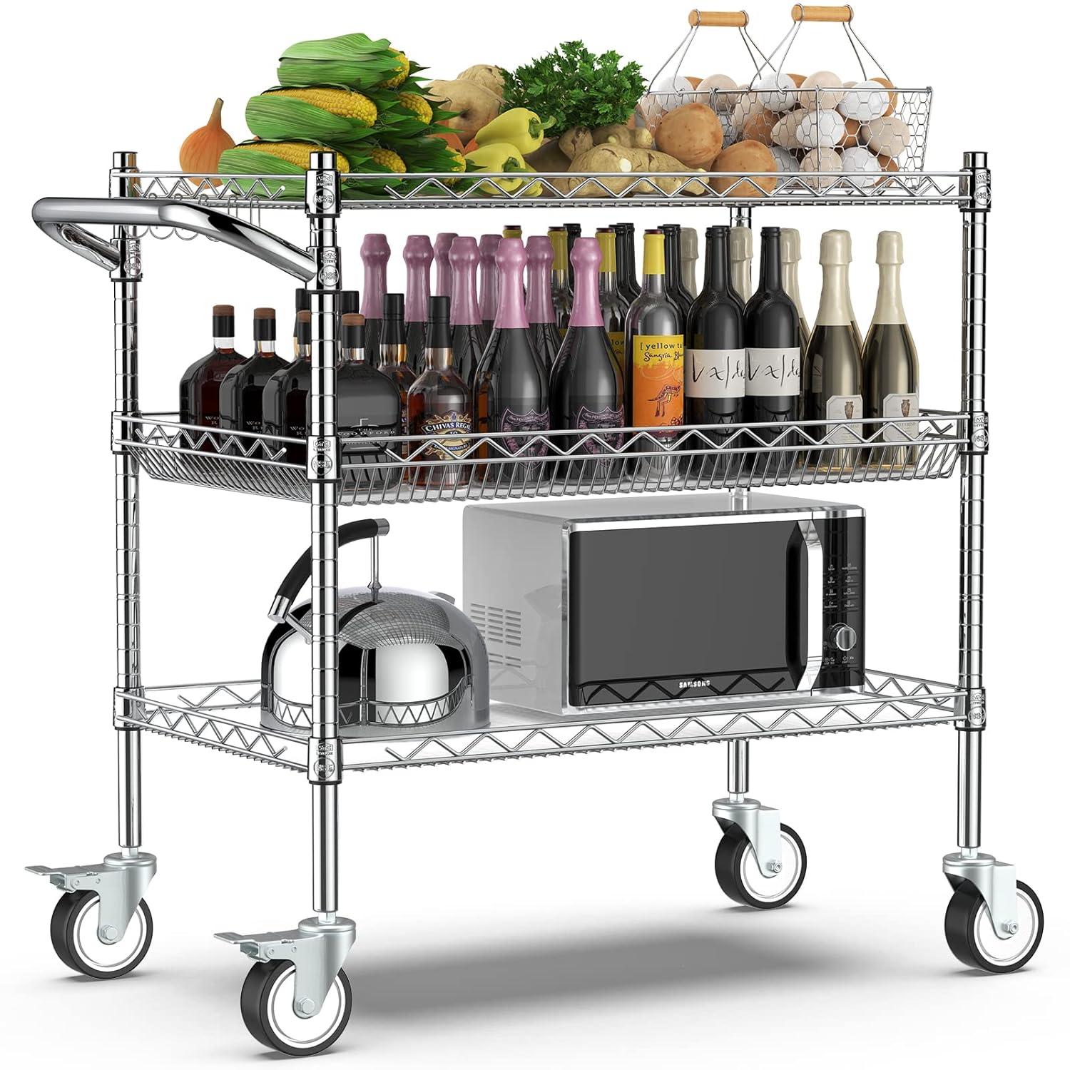 Leteuke Heavy Duty 3 Tier Rolling Utility Cart,NSF Certified 990Lbs Capacity Rolling Carts with Wheels,Commercial Grade Metal Cart with Handle Bar & Shelf Liner,Trolley Serving Cart for Kitchen,Chrome