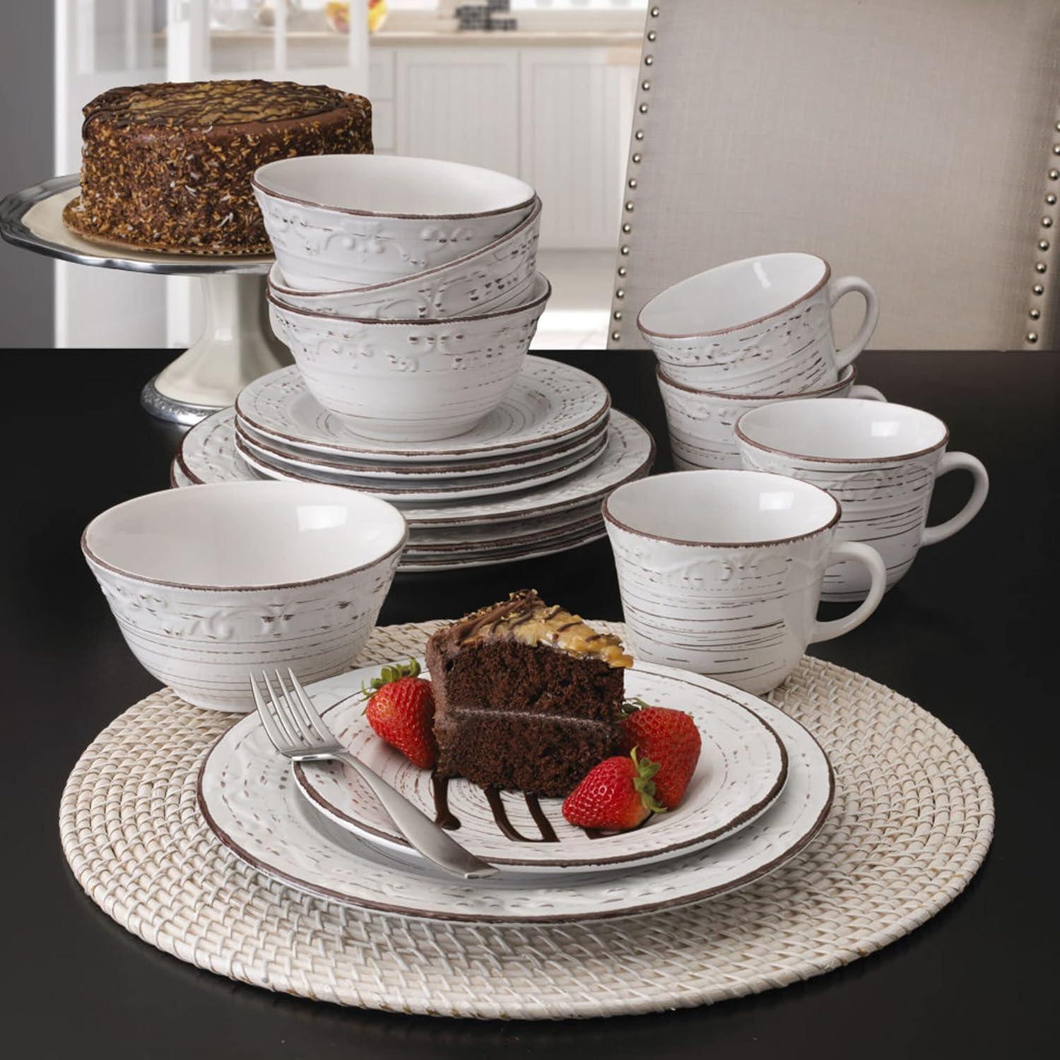 White Ceramic 16-Piece Rustic Dinnerware Set with Weathered Design